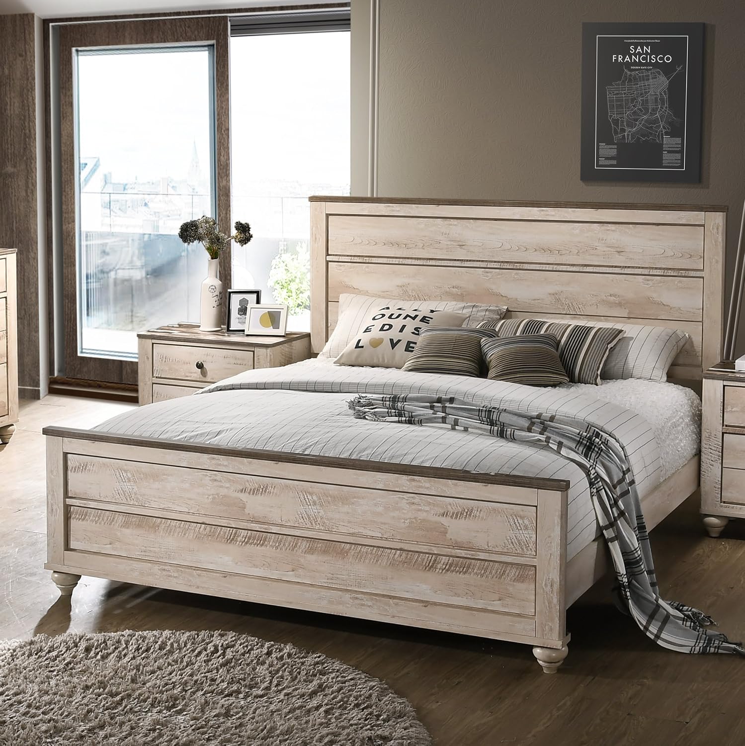 3-Piece King Bedroom Set: Contemporary White Wash Finish - Walnut Brown Wood Frame & Nightstands - Urban Chic Style for Modern Bedrooms