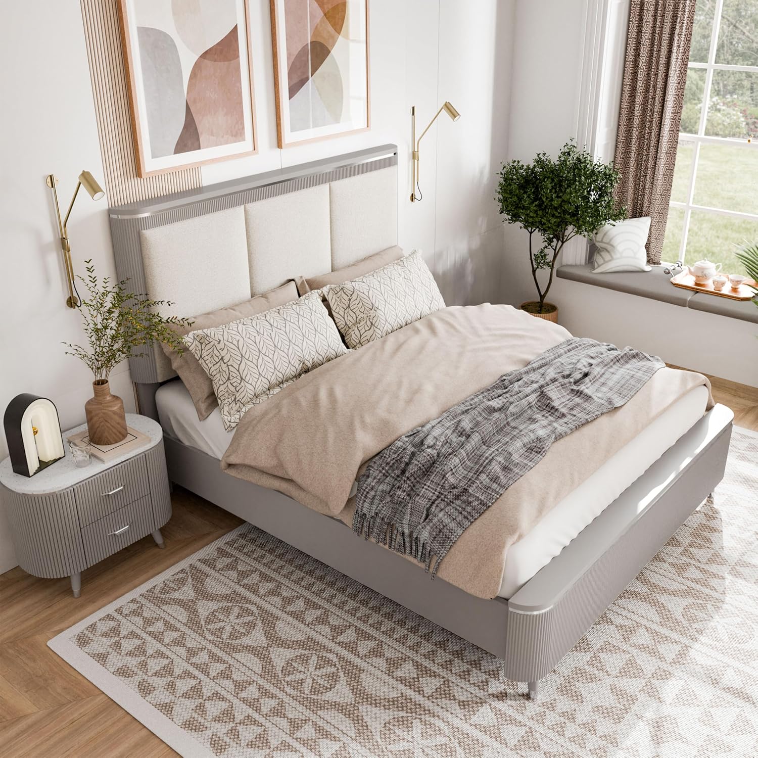 Furniture of America Vito Modern Solid Wood 2-Piece Bedroom Set with Upholstered Bed, Cultered Stone Top, Felt-Lined Top Drawer, Metal Side Glide on Nightstand, Box Spring Required, King, Light Gray