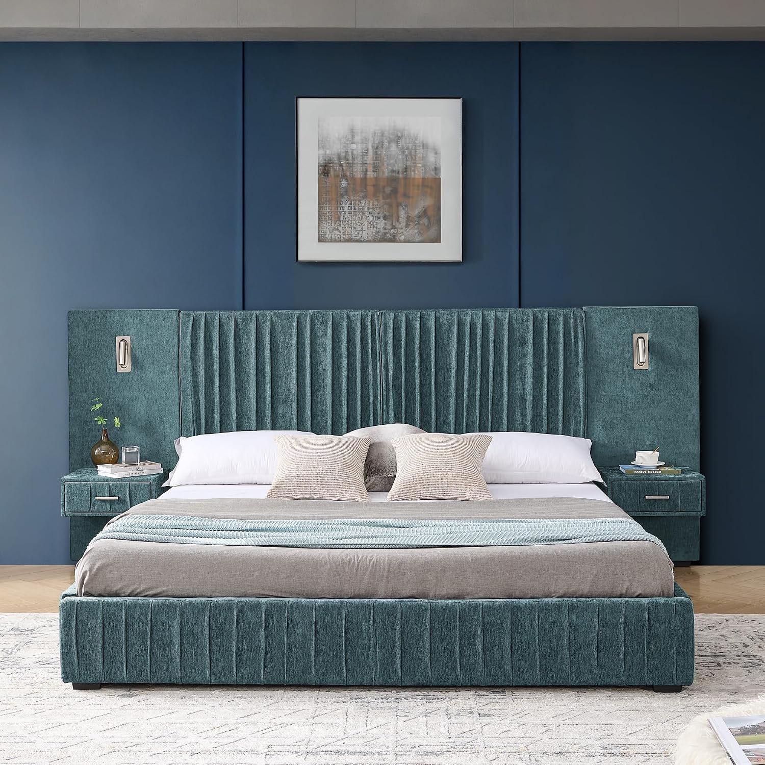 King Size Upholstered Platform Bed Frame with Headboard & Built-in Nightstand, Luxury Bed Frame for Modern Bedroom Sets, No Box Spring Needed, Stable & Adjustable Lighting(Blue-Green)