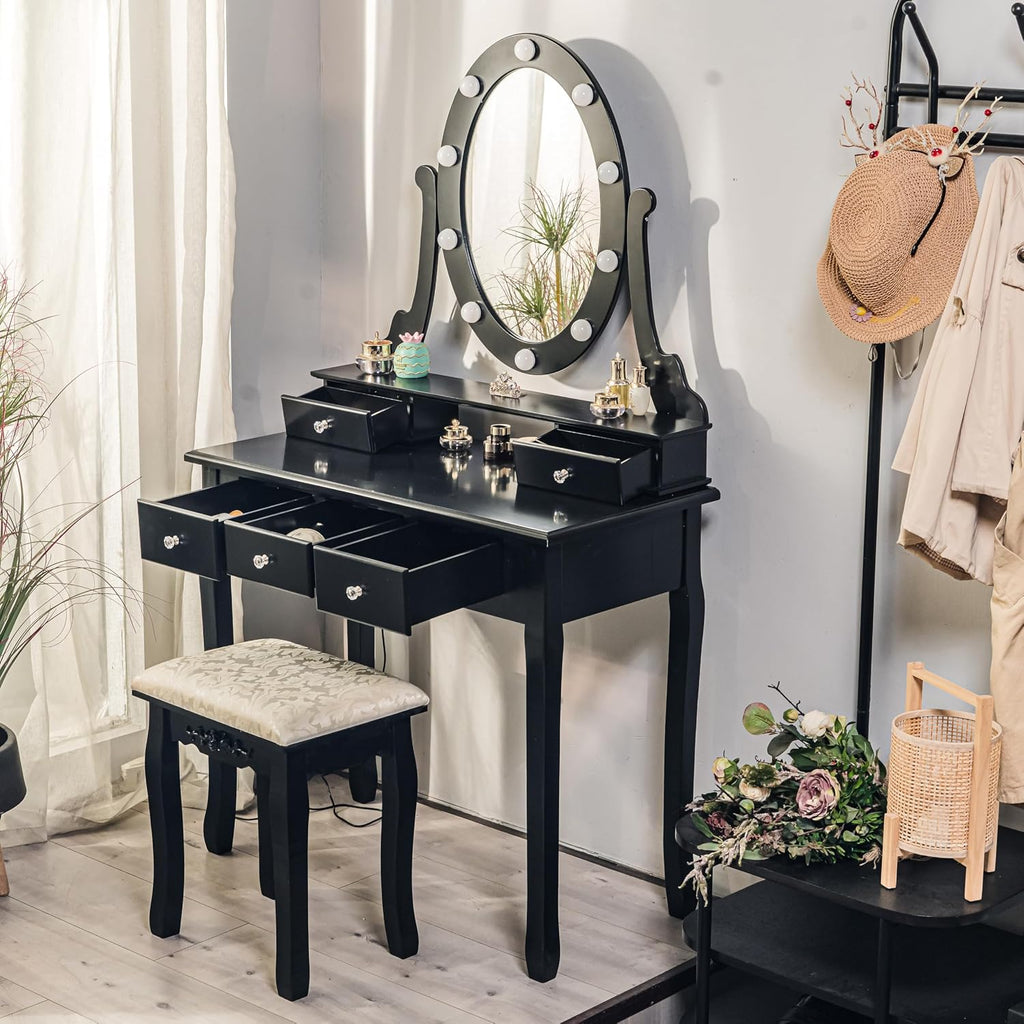 Vanity Desk, Vanity Mirror with Lights and Table Set with 5 Drawers, Wood Makeup Dressing Table with Oval Mirror & Stool for Bedroom Women Girls，Black