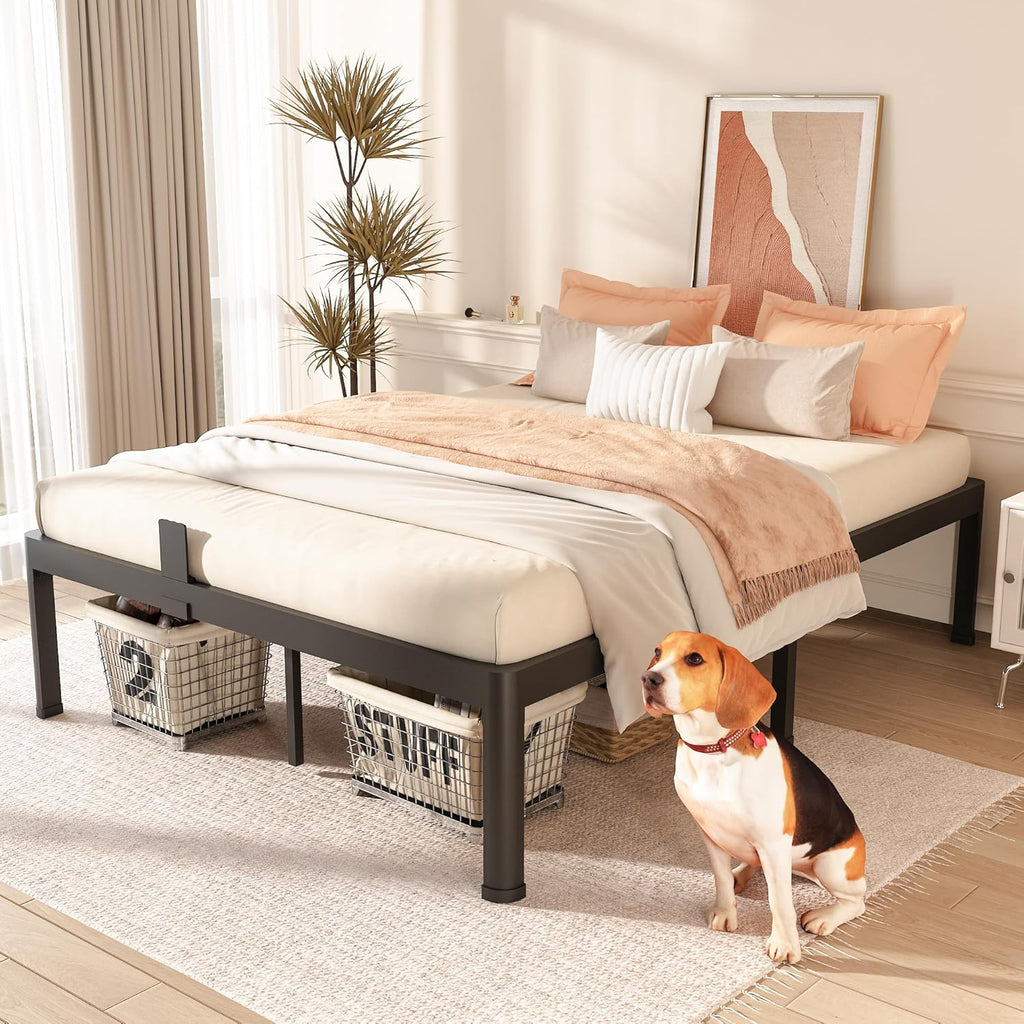 FUIOBYVV Queen Bed Frame with Round Corner Edge Legs 18 inch High 3500 lbs Heavy Duty Metal Platform Bed Frame Queen Size No Box Spring Needed/Non-Slip/Steel Slat Support/Noise Free