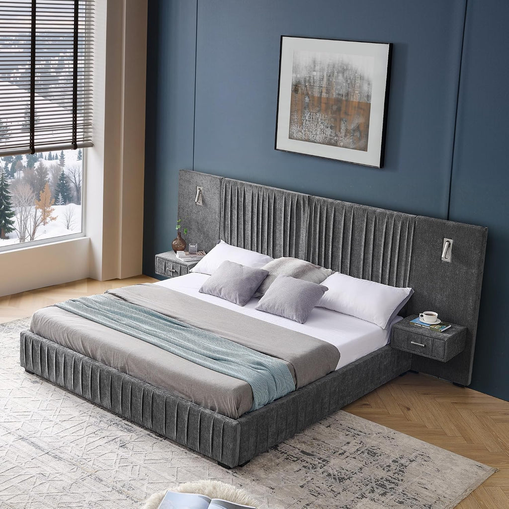 King Size Upholstered Platform Bed Frame with Headboard & Built-in Nightstand, Luxury Bed Frame for Modern Bedroom Sets, No Box Spring Needed, Stable & Adjustable Lighting(Dark Grey)