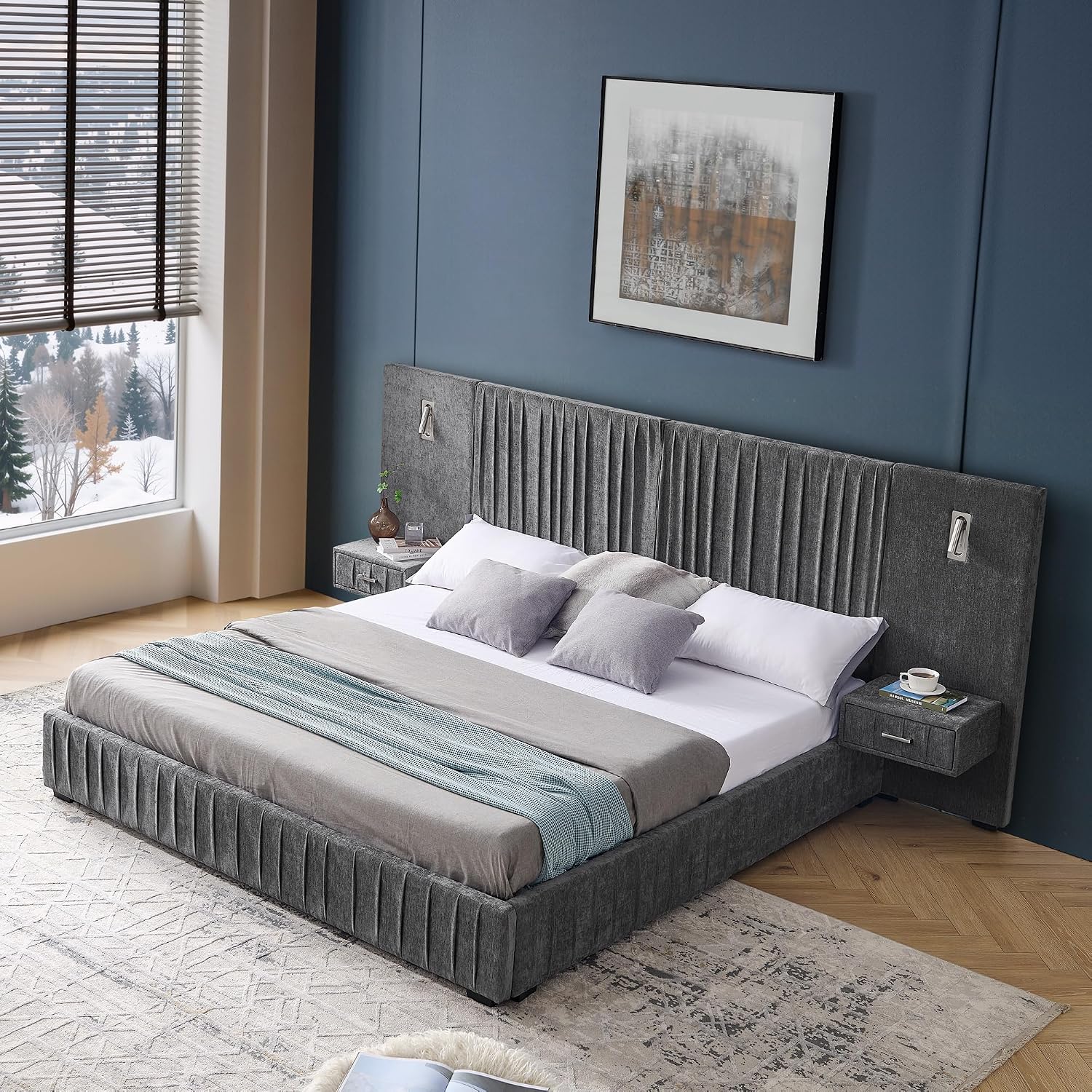 King Size Upholstered Platform Bed Frame with Headboard & Built-in Nightstand, Luxury Bed Frame for Modern Bedroom Sets, No Box Spring Needed, Stable & Adjustable Lighting(Dark Grey)