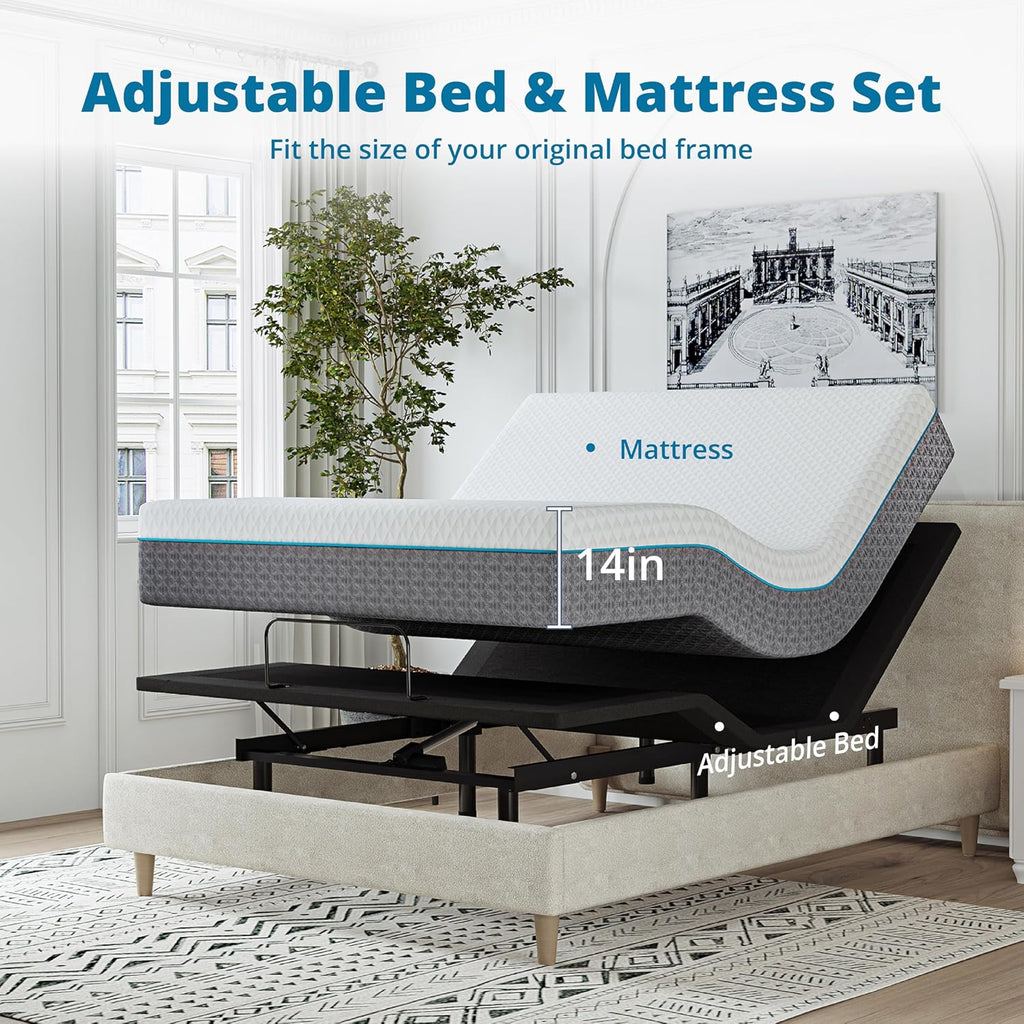 EGOHOME Split King Adjustable Bed Frame and 14 inch Charcoal Gel Memory Foam Mattress Set, Metal Foldable Bed Base with Remote, Independent Head and Foot Incline, Zero Gravity Mode, Easy Assembly