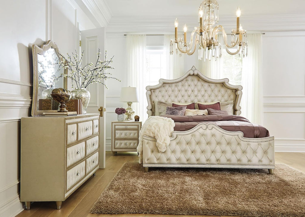 Coaster Home Furnishings Antonella Modern Classic 4-Piece Bedroom Set Velvet Upholstered California King Size Panel Bed Frame 79-inch Headboard Ivory and Camel 223521KW-S4