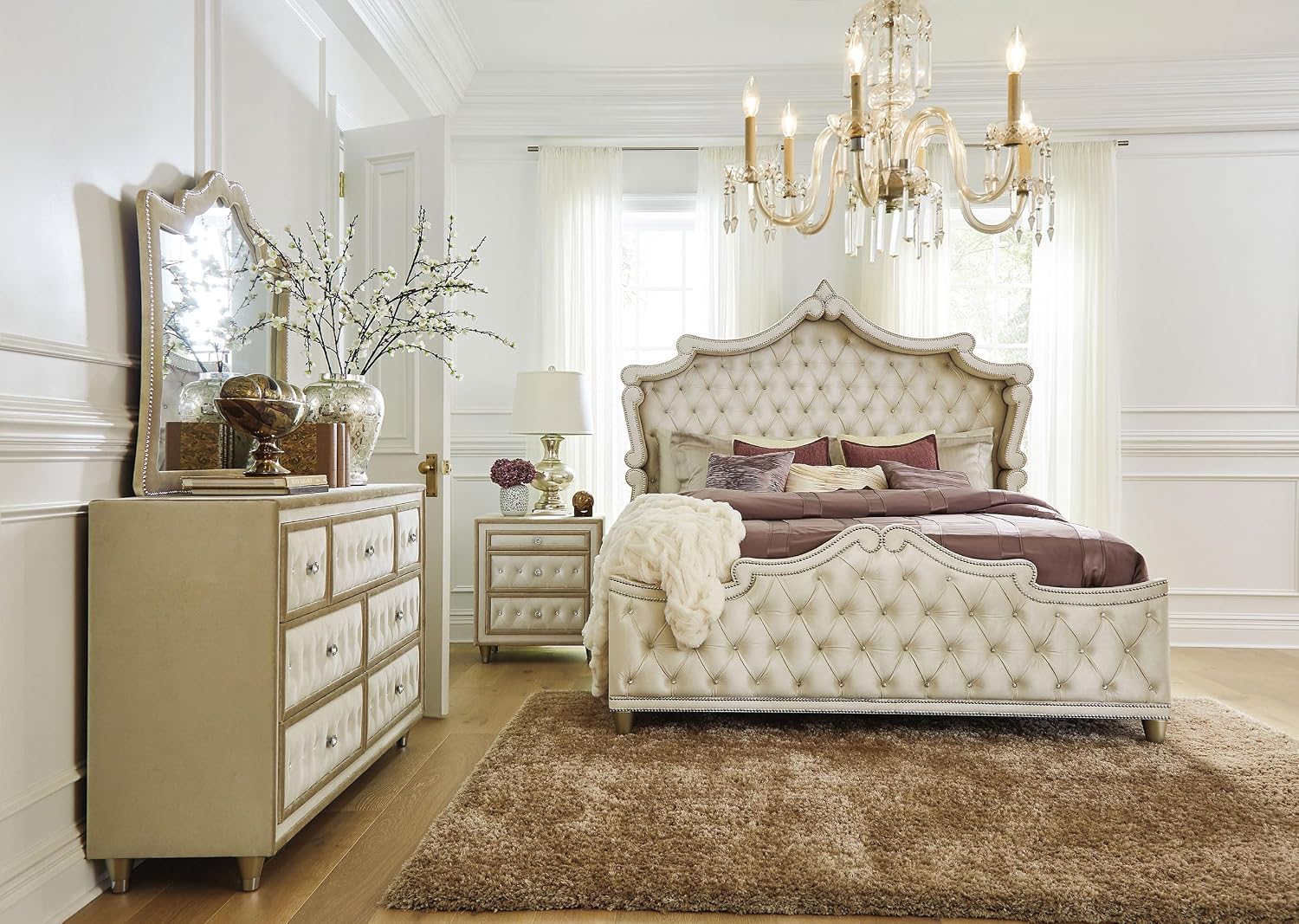 Coaster Home Furnishings Antonella Modern Classic 4-Piece Bedroom Set Velvet Upholstered California King Size Panel Bed Frame 79-inch Headboard Ivory and Camel 223521KW-S4