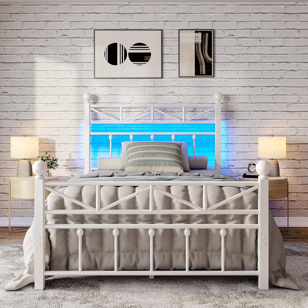 EnHomee 14.2' Metal Twin Bed Frames with Tall Headboard & Footboard, LED Light Twin Bed Frame, Strong Metal Slats Support and Noise-Free Design with Under Bed Storage/No Box Spring Needed/White