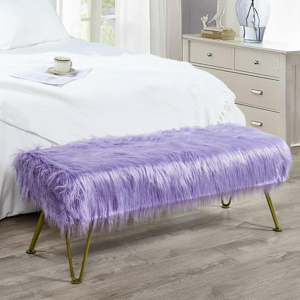 Purple Soft Plush Faux Fur Ottoman Entryway Bench Furry Footrest Stool 46'x16'x17' Sturdy Accent Long Bench for Bedroom End of Bed Vanity Closet Fuzzy Coffee Table for Living Room Gold Legs