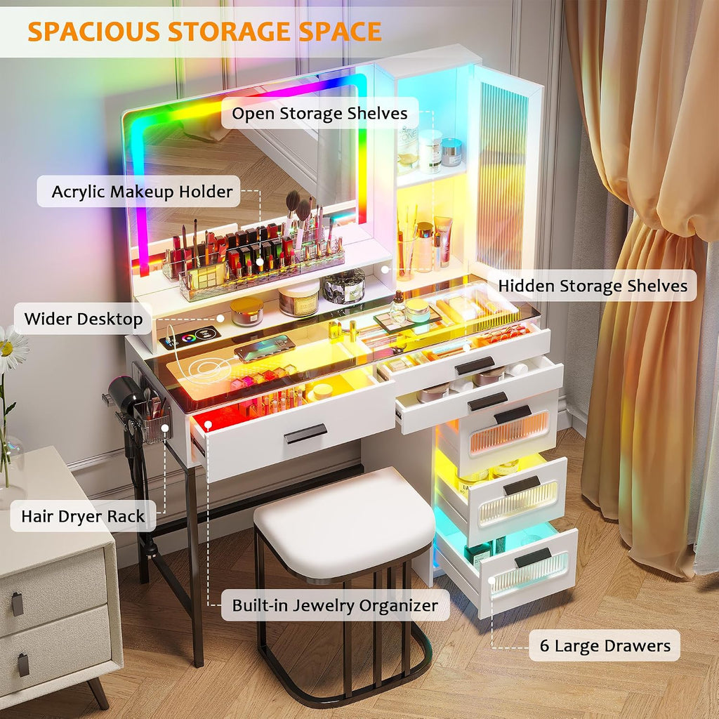 WOOVIVS Vanity with LED Mirror, Makeup Desk with 24 RGB Atuo Lighted Drawers for Bedroom, Glass Top Vanities Table Set with Wireless Charging Station, Chair,Jewelry Organizer for Girls/Women (White)