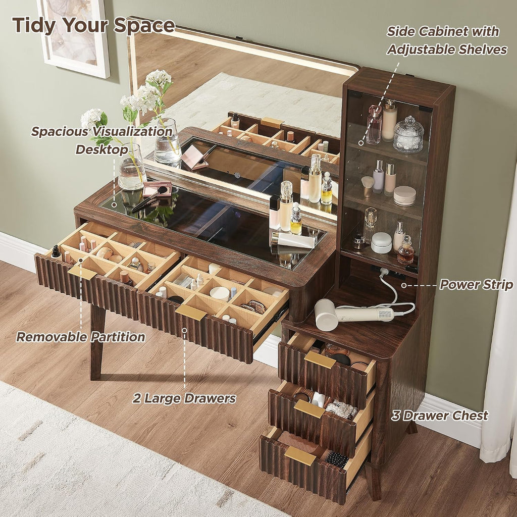 T4TREAM 48' Fluted Makeup Vanity Desk with Large 36' Mirror and Lights, Modern Glass Top Big Vanity Table w/5 Drawers & Adjustable Shelves, Dressing Table w/Charging Station for Bedroom, Dark Walnut