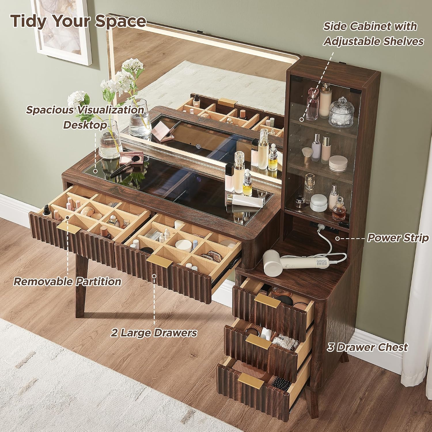 T4TREAM 48' Fluted Makeup Vanity Desk with Large 36' Mirror and Lights, Modern Glass Top Big Vanity Table w/5 Drawers & Adjustable Shelves, Dressing Table w/Charging Station for Bedroom, Dark Walnut