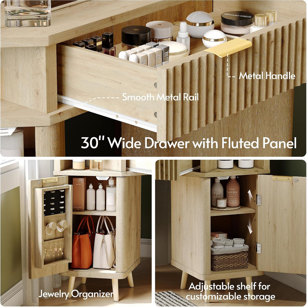 ENSTVER Corner Vanity with Clear Glass Top, 47' Corner Makeup Vanity Desk with Large Mirror and Lights, Fluted Wooden Vanity Wall-Mounted Jewelry Storage for Bedroom, Oak