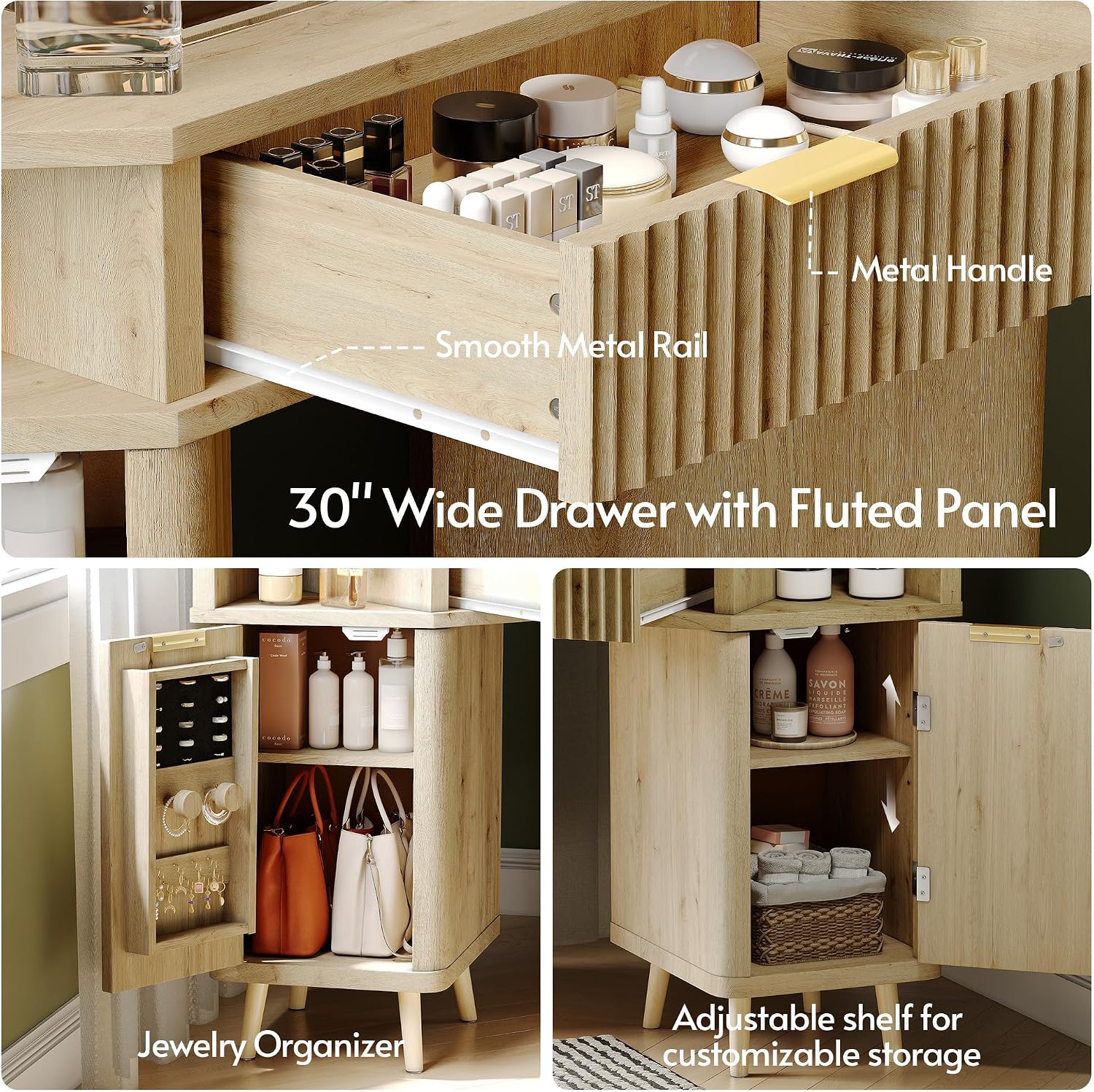 ENSTVER Corner Vanity with Clear Glass Top, 47' Corner Makeup Vanity Desk with Large Mirror and Lights, Fluted Wooden Vanity Wall-Mounted Jewelry Storage for Bedroom, Oak