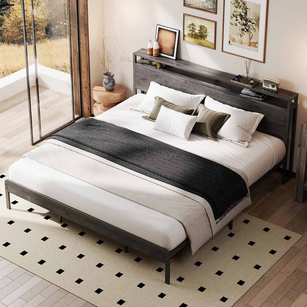 LIKIMIO California King Bed Frame with Headboard, Dark Wood Camas California King with Strong Supports, Sturdy, Noise-Free, No Box Spring Needed, Grey