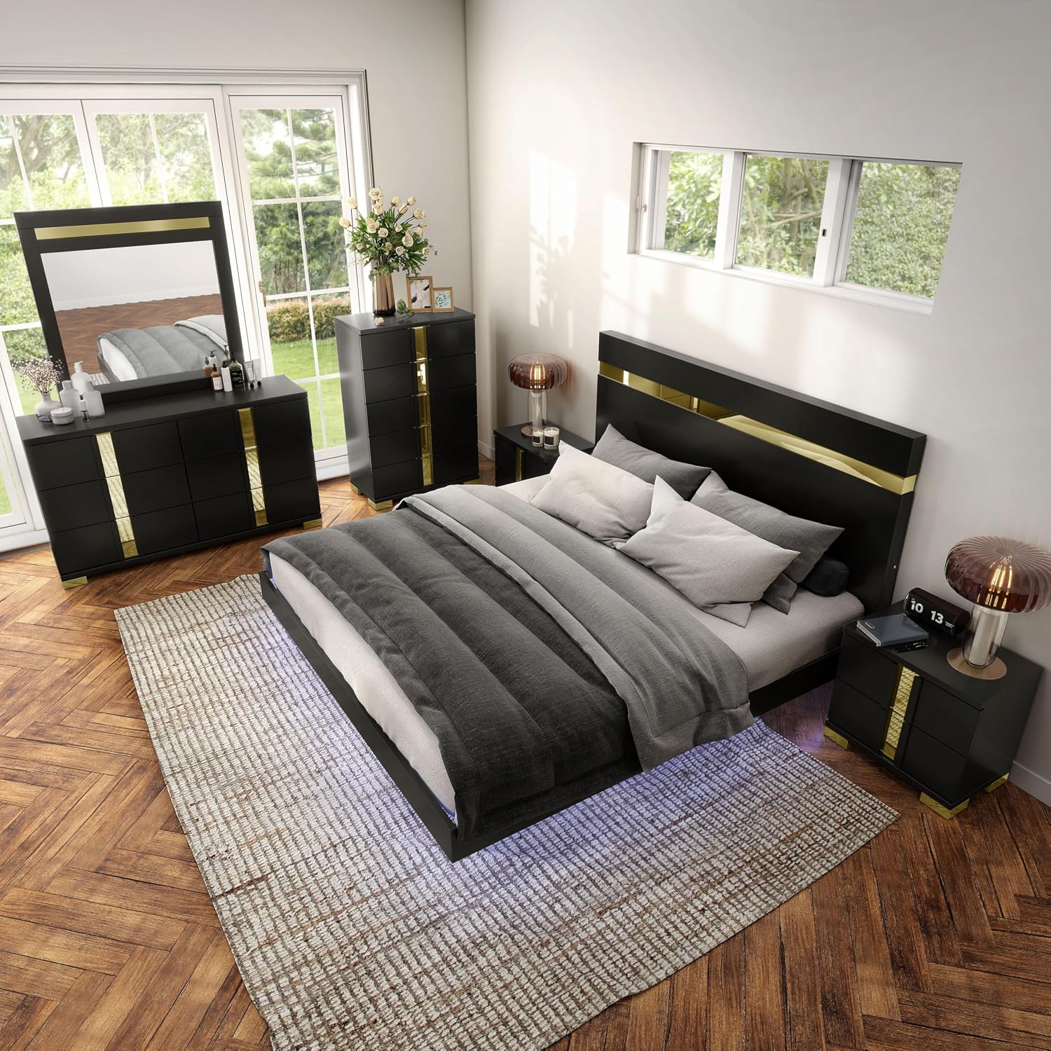 Furniture of America Ansten Modern Wood 6-Piece Platform Bedroom Set with Gold Trim, Underbed LED, Dust Proof Cases, Bracketed Metal Legs, No Box Spring Needed, Full, Black