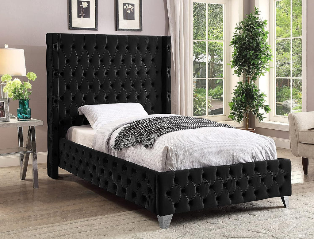 Meridian Furniture SavanBlack-T Savan Collection Modern | Contemporary Velvet Upholstered Bed with Deep Button Tufting in Gold or Chrome Finish, 50' W x 81' D x 56' H, Black, Twin