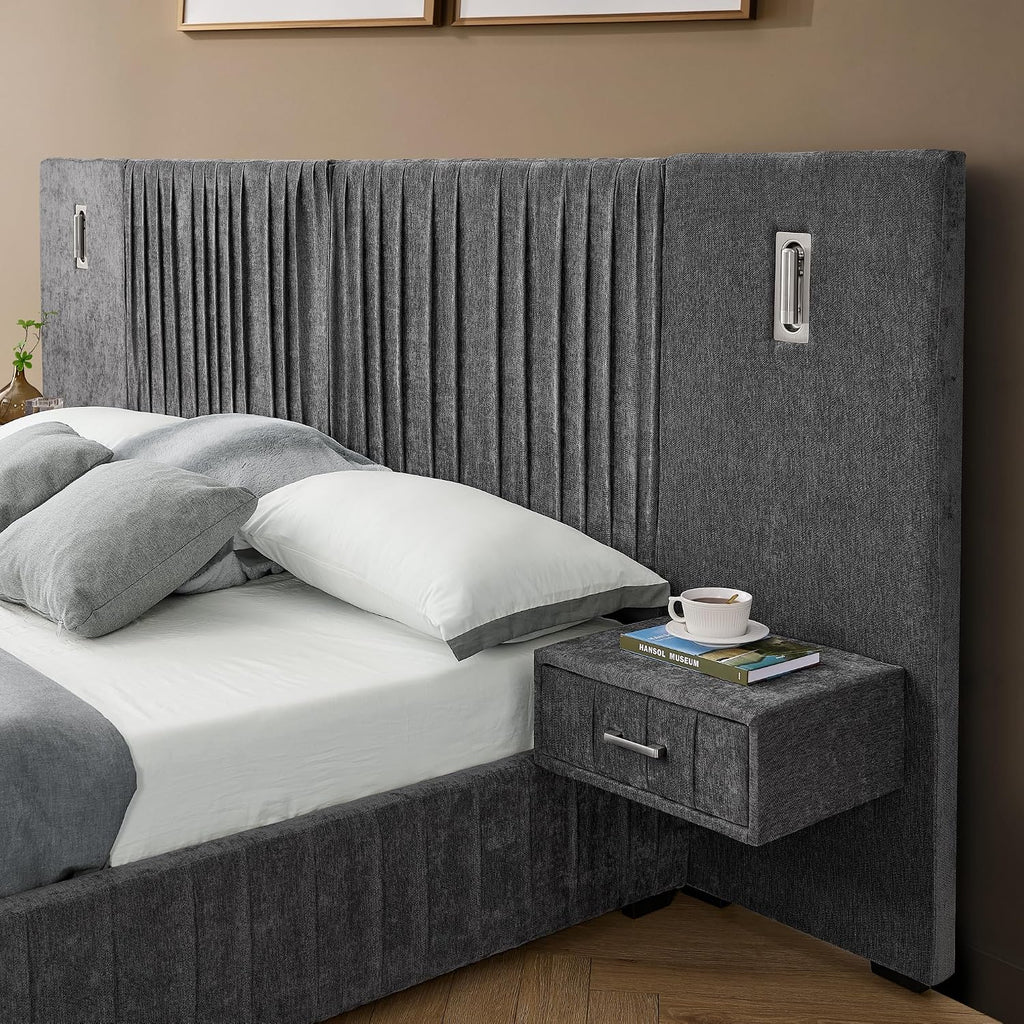 Queen Size Upholstered Platform Bed Frame with Headboard & Built-in Nightstand, Luxury Bed Frame for Modern Bedroom Sets, No Box Spring Needed, Stable & Adjustable Lighting(Dark Grey)