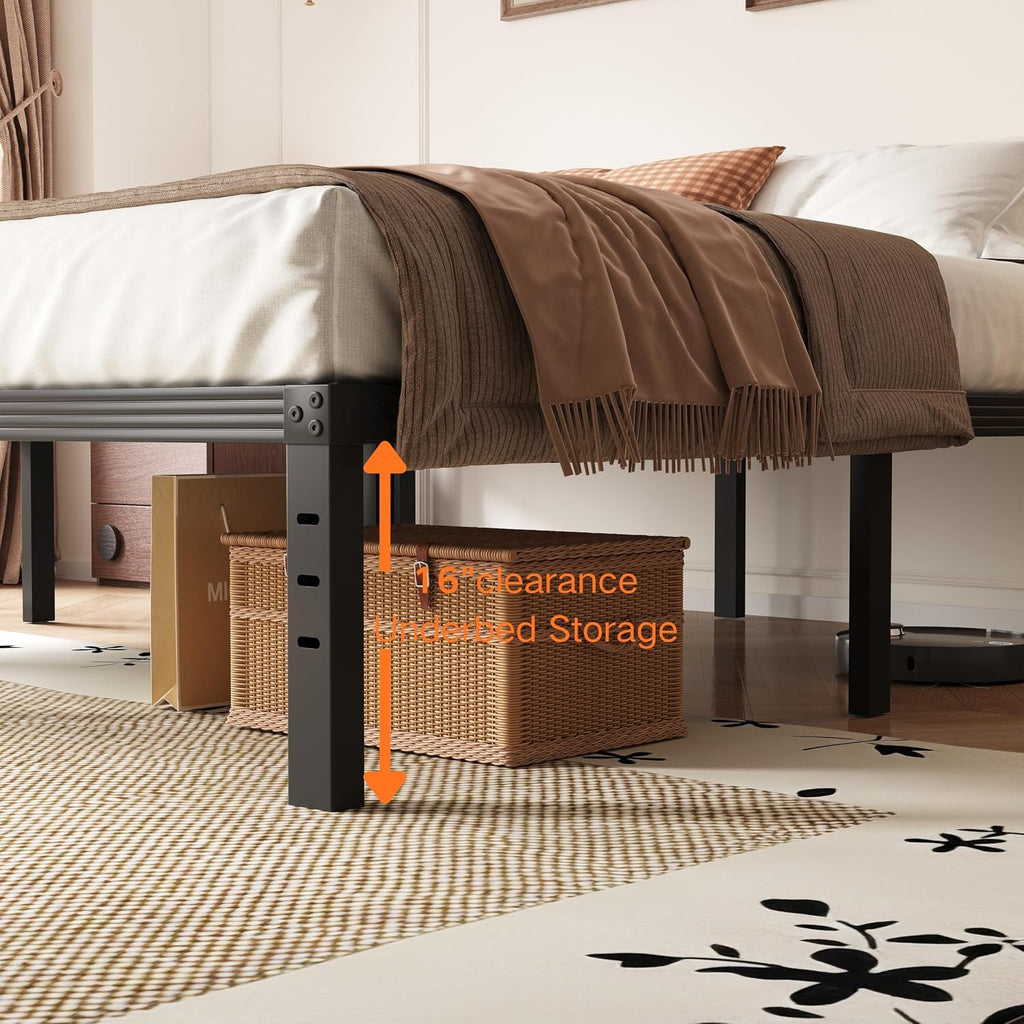 18 Inch High California King Bed Frames No Box Spring Needed, Tall Heavy Duty Metal Platform Cal King Bed Frame for Heavy People with Steel Slat, Easy Assembly, Noise Free, Black