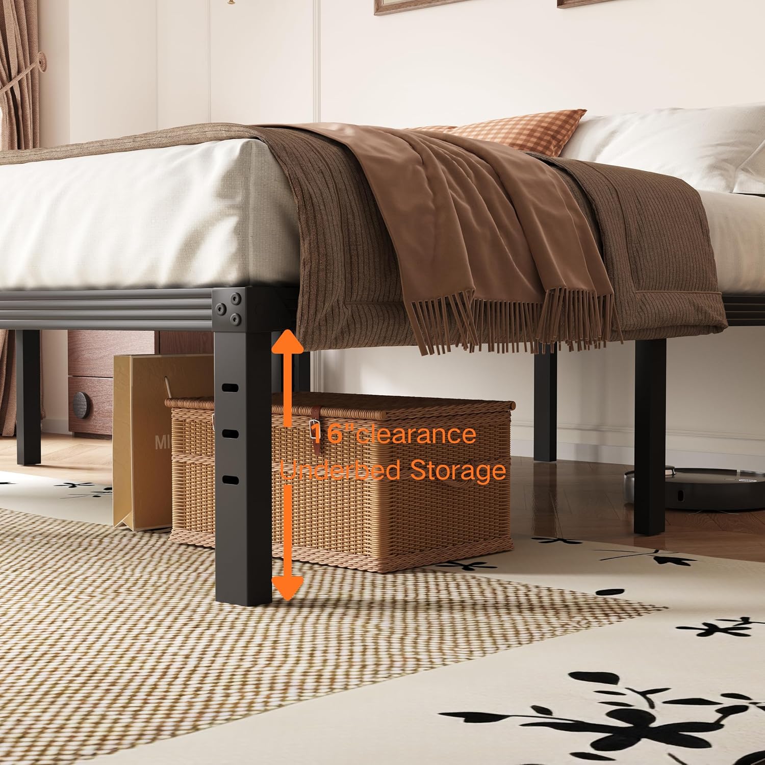 18 Inch High California King Bed Frames No Box Spring Needed, Tall Heavy Duty Metal Platform Cal King Bed Frame for Heavy People with Steel Slat, Easy Assembly, Noise Free, Black