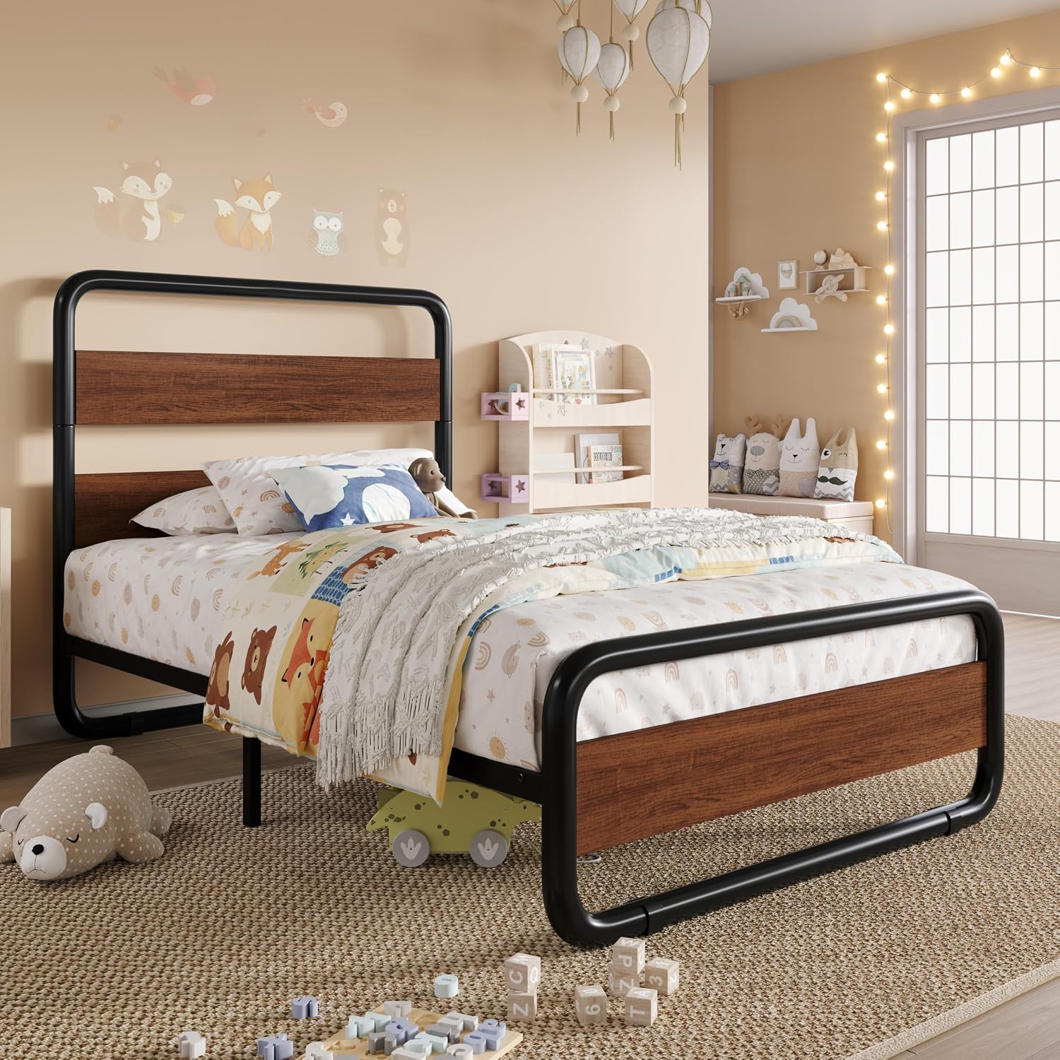 SHA CERLIN Twin Size Metal Bed Frame with Wooden Headboard and Footboard, Heavy Duty Oval-Shaped Platform Bed Frame with 10' Under-Bed Storage, Heavy Duty Slats Support, No Box Spring Needed, Walnut
