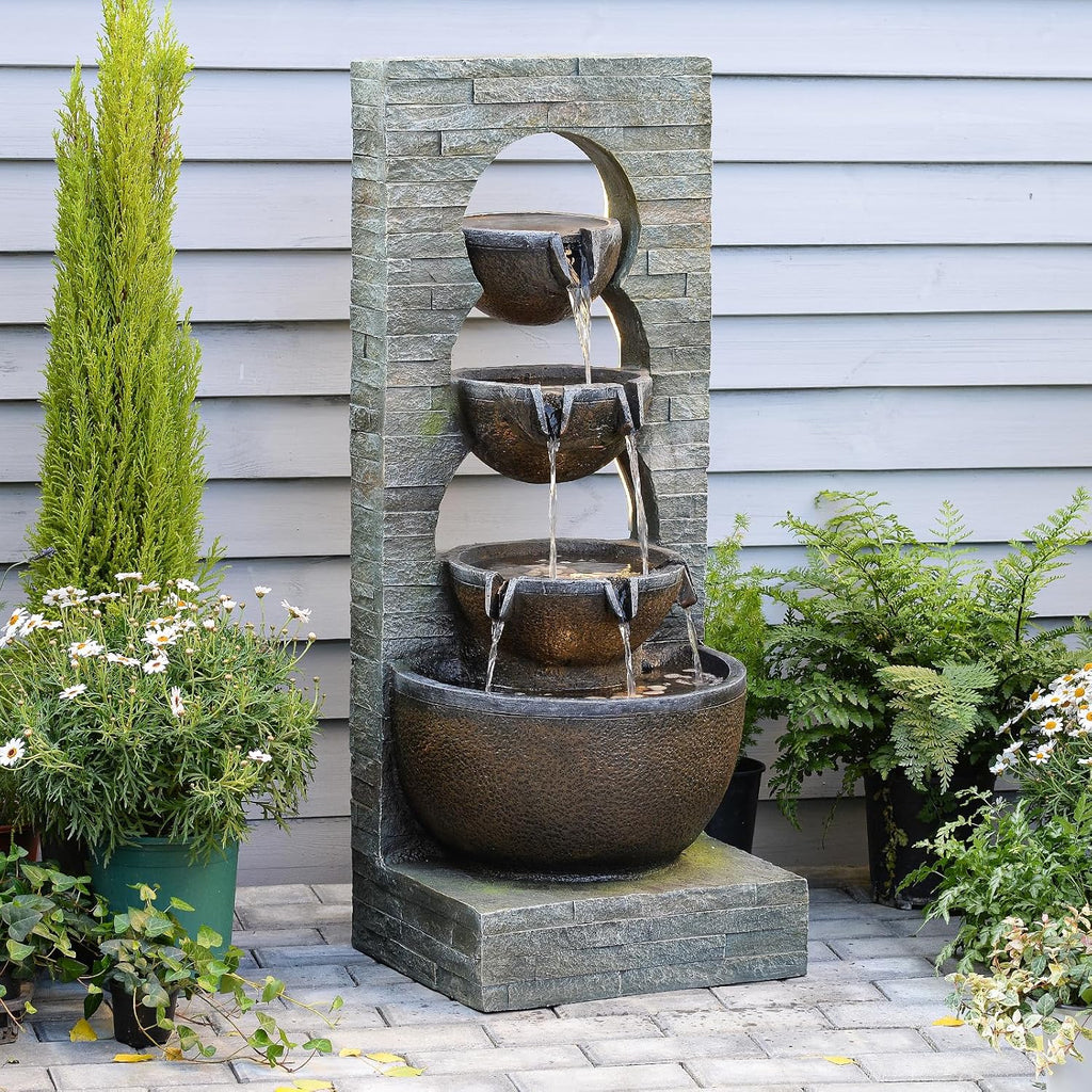 Tankana Water Fountain Outdoor Garden Waterfall Large Water Feature Tiered Freestanding Cascade Fountains Bowl Modern Artistry with LED Strip for Patio Yard Deck Home Decor, 43 inches, Brown