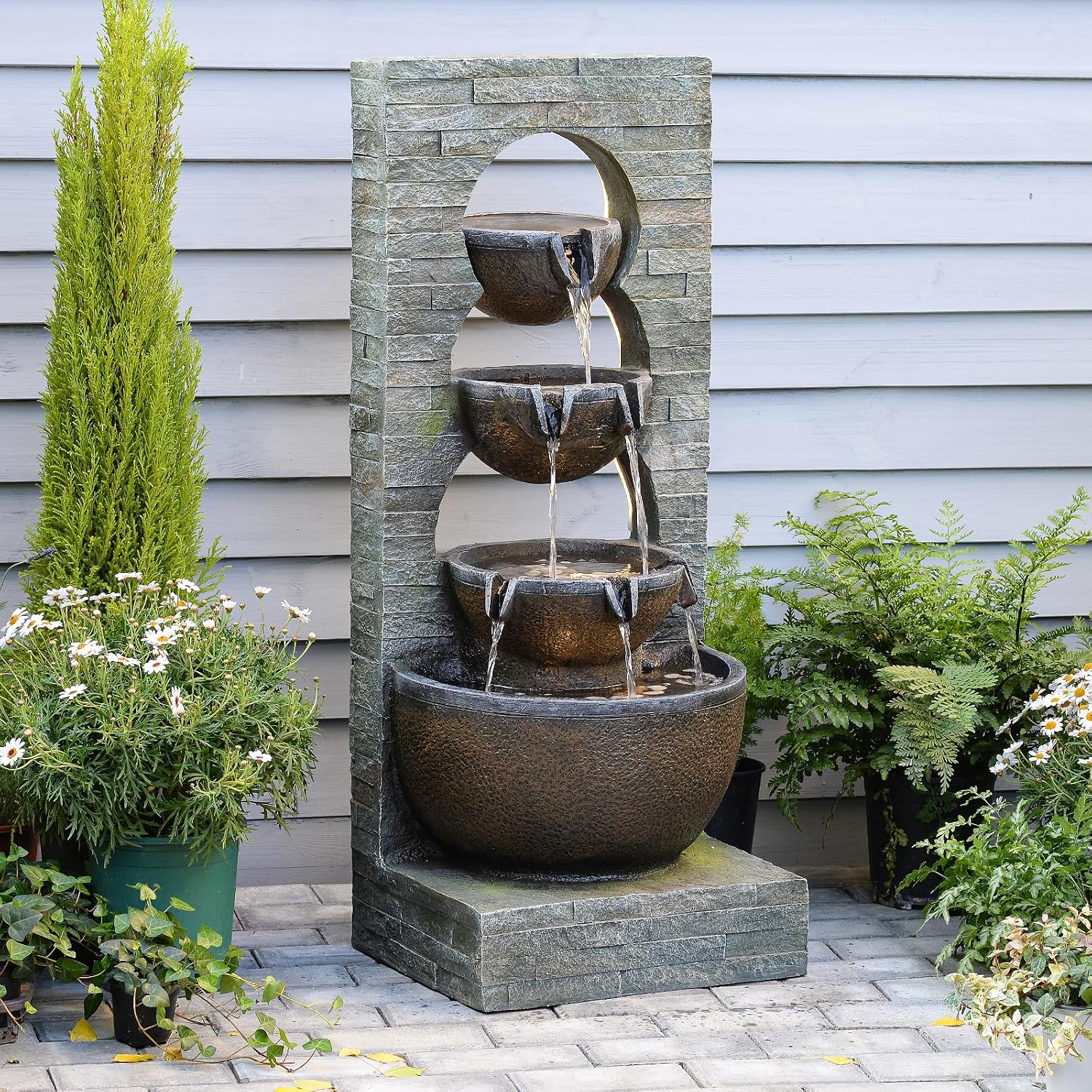 Tankana Water Fountain Outdoor Garden Waterfall Large Water Feature Tiered Freestanding Cascade Fountains Bowl Modern Artistry with LED Strip for Patio Yard Deck Home Decor, 43 inches, Brown