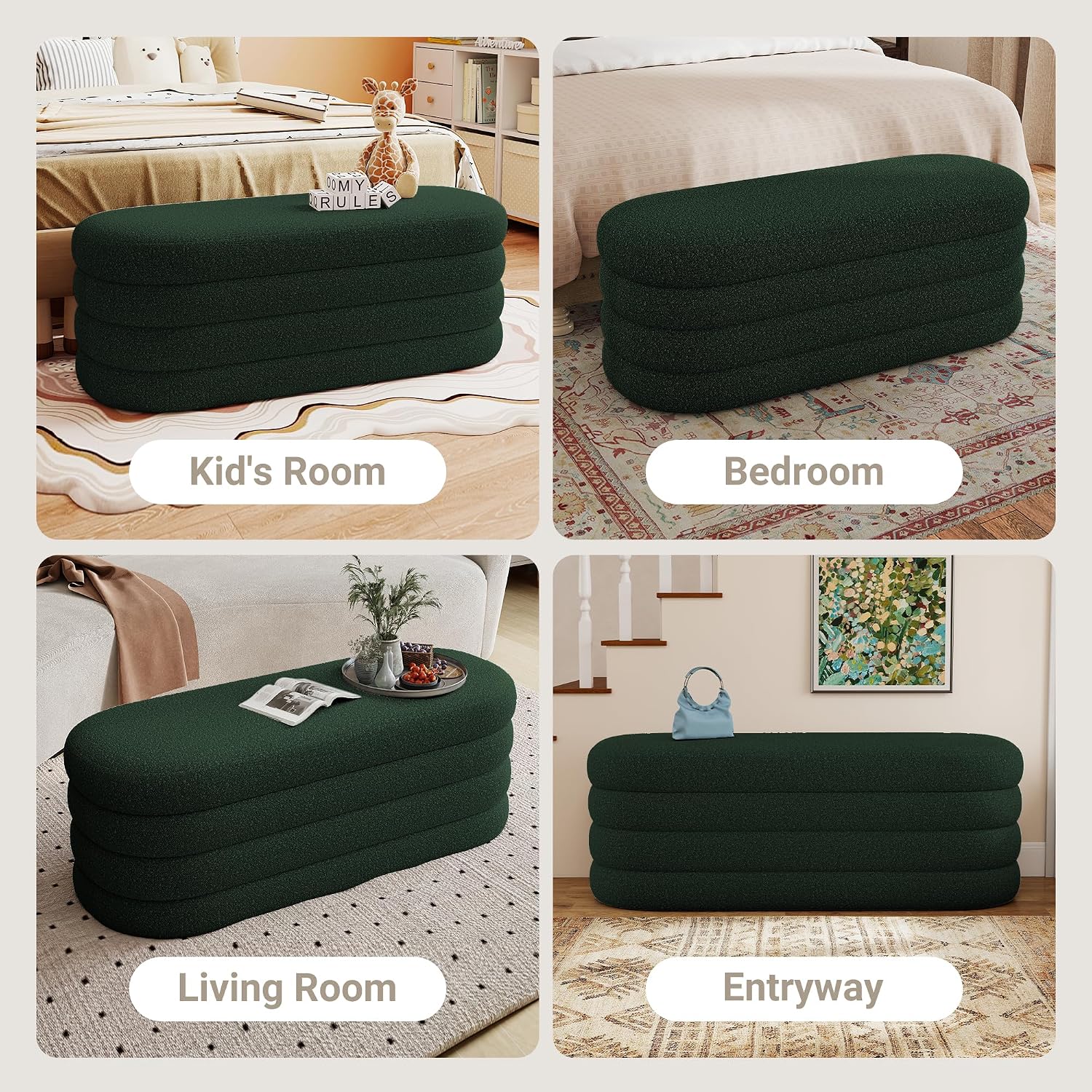 Busaurus Storage Ottoman Bench 49.2 Inch Upholstered Fabric Storage Bench for Bedroom End of Bed Aesthetic Large Oval Ottoman for Living Room(Dark Green)
