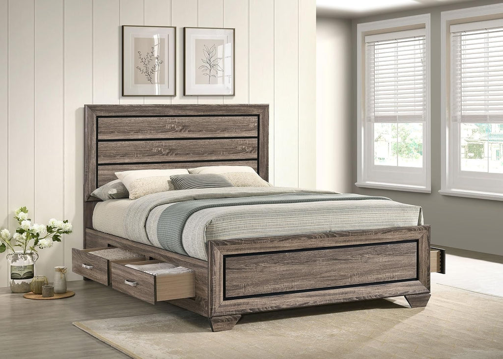 Coaster Home Furnishings Kauffman Transitional Wood Queen Size Storage Panel Bed Frame Platform Bed 54-inch Headboard Washed Taupe 204190Q