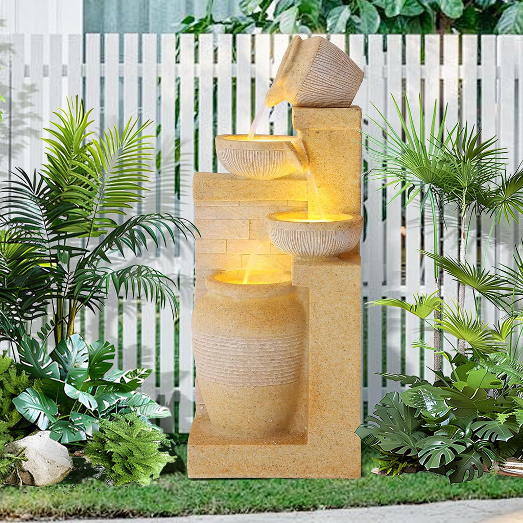 Grepatio Outdoor 4-Tiers Water Fountain, Garden Cascading Waterfalls Fountain with LED Lights, 32'H Modern Indoor/Outdoor Bowl Waterfall Feature Water Fountains for Garden, Patio, Yard Decor (Yellow)