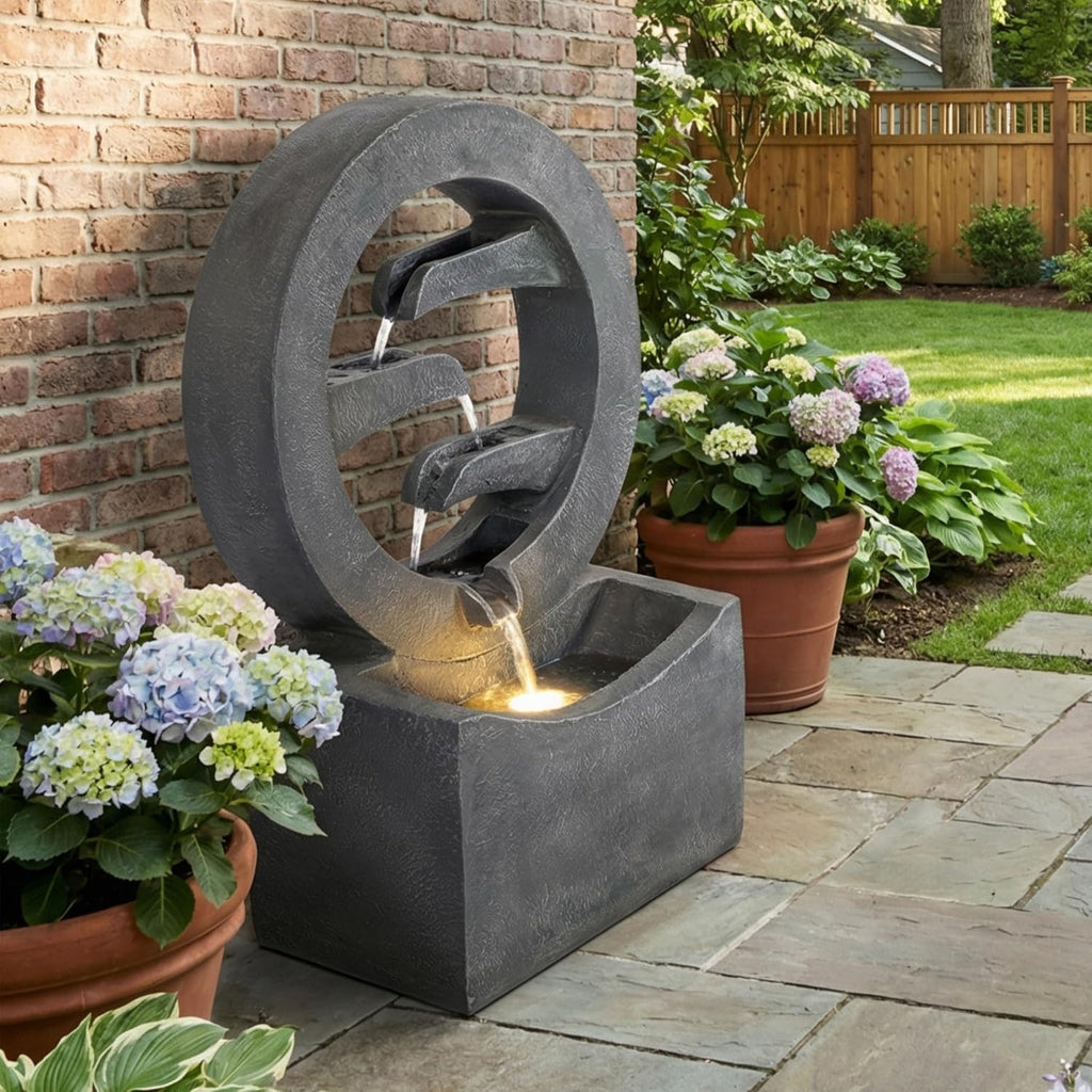 Merax 26.77' H Gray Circular Polyresin Outdoor Water Fountain with LED Light, Freestanding Modern Cascading Water Feature for Patio Garden Backyard Decor