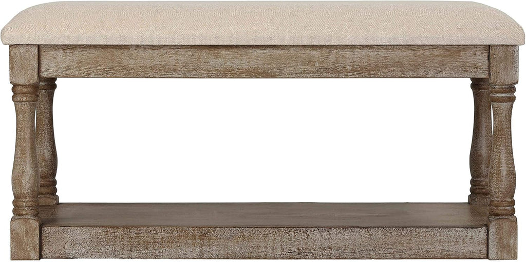 Cortesi Home Dahlia Wooden Bench Ottoman, Distressed Wood and Beige Fabric
