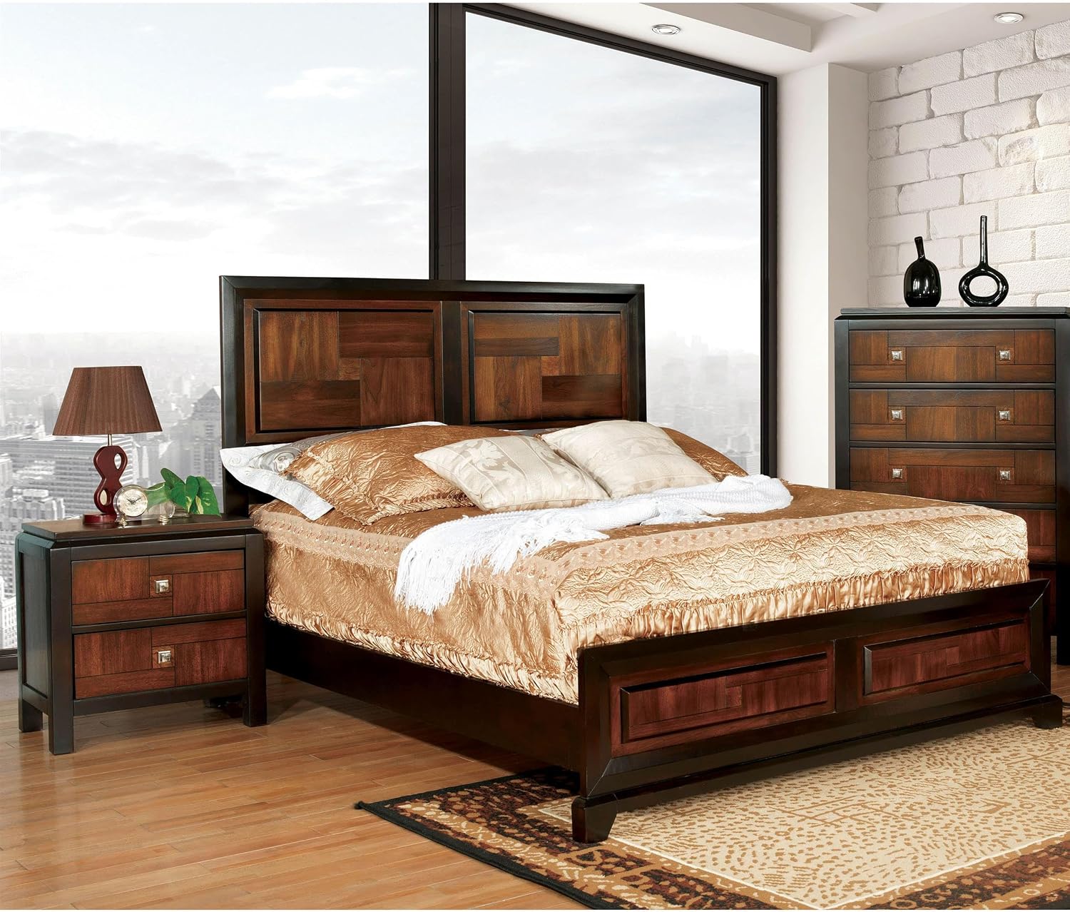 Furniture of America FOA Delia 2pc Walnut Transitional Wood Panel Bedroom Set - King + Nightstand