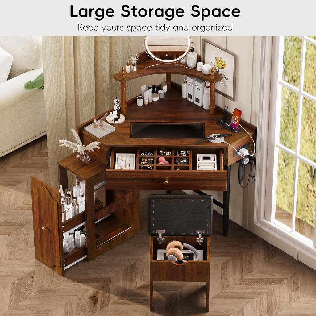 Corner Vanity Desk Set with Storage Cushioned Stool and Charging Station, Triangle Makeup Desk with Removable Pull Out Side Cabinet, Glass Tabletop Makeup Vanity Desk with Drawer and Shelf, Walnut
