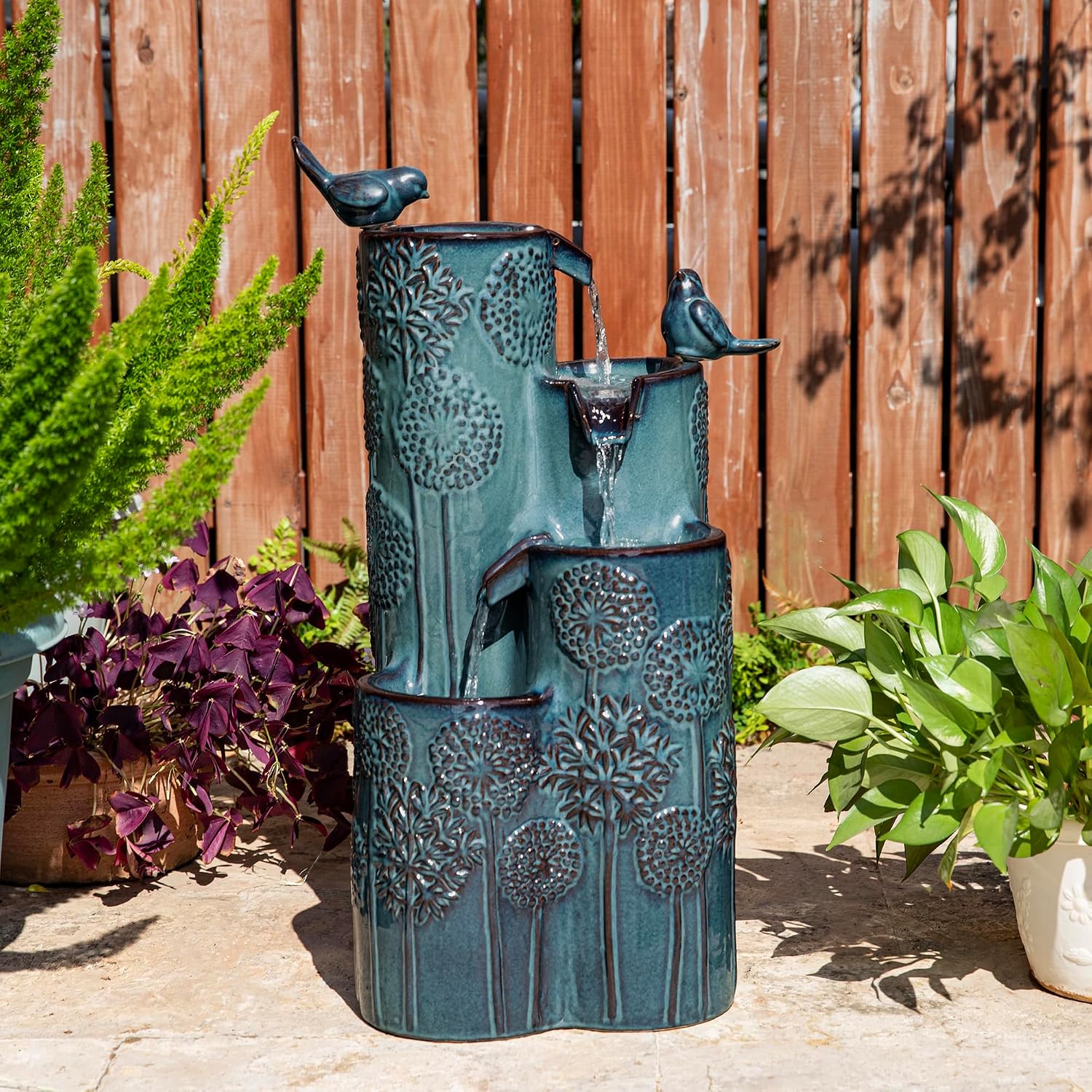 Glitzhome 27' H Outdoor Water Fountain with LED Light, Pump & Adapter, 4-Tier Turquoise Dandelion Vase Ceramic Cascading Garden Fountains Waterfalls with Birds, for Porch Deck Patio Backyard