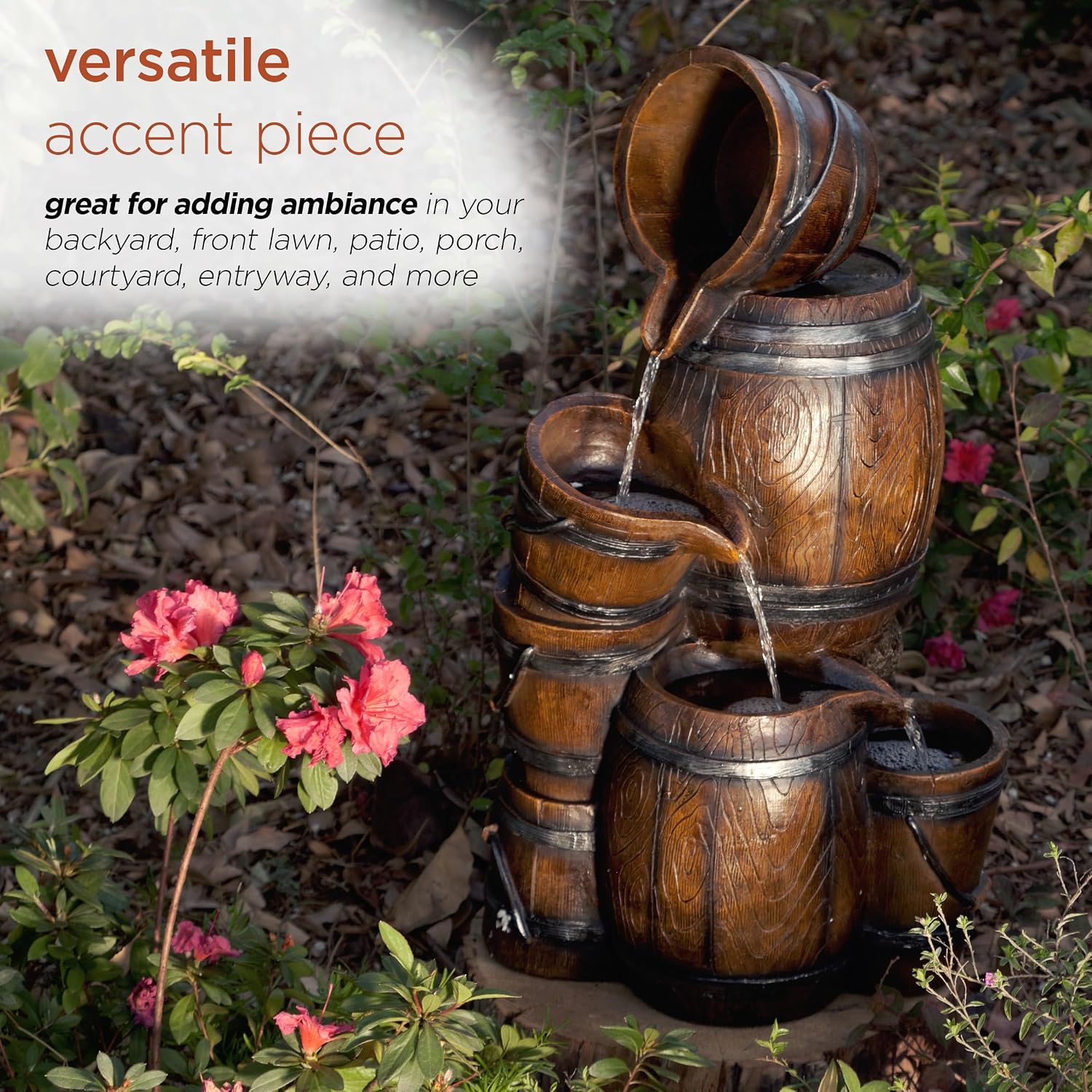 Alpine Corporation ZEN409S Outdoor Rustic 4-Tiered Barrels and Buckets Water Floor Fountain - Farmhouse Style, 24 Inch Tall, Brown