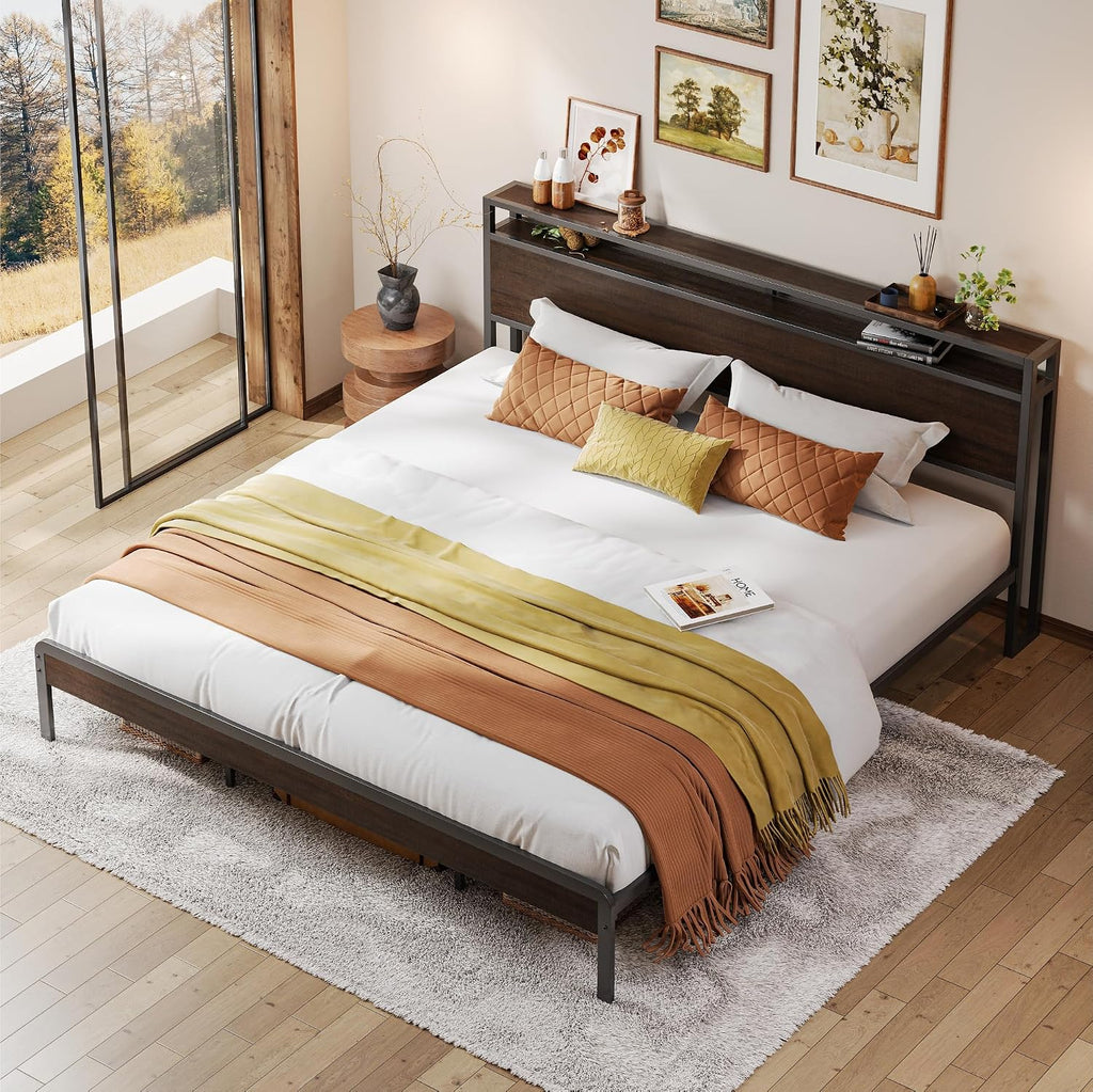 LIKIMIO King Bed Frame with Headboard, Dark Wood Camas King with Strong Supports, Sturdy, Noise-Free, No Box Spring Needed, Dark Brown