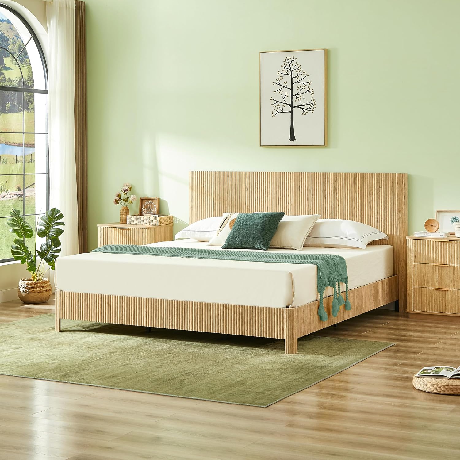 King Size Wood Bed Frame with Headboard, Modern Retro Oak Platform Beds Frames, Mid Century Rustic Wooden Bedroom Floor-BedFrame, No Box Spring Needed, Easy Assembly (Oak, King, Metal Base)