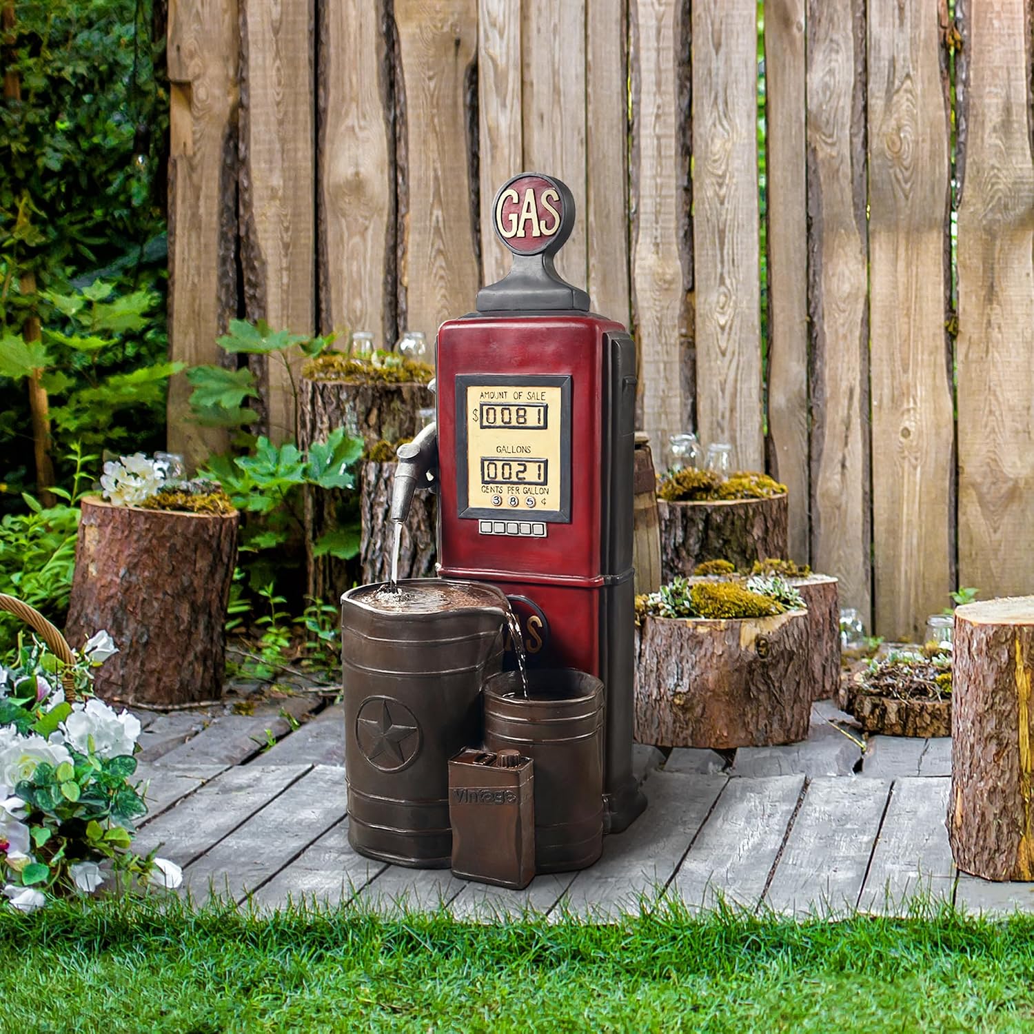 Peaktop Teamson Home Vintage Gas Station Statue 3 Tiered Floor Waterfall Fountain with Pump for Outdoor Patio Garden Backyard Decking, 42 Inch Height, Dark Red