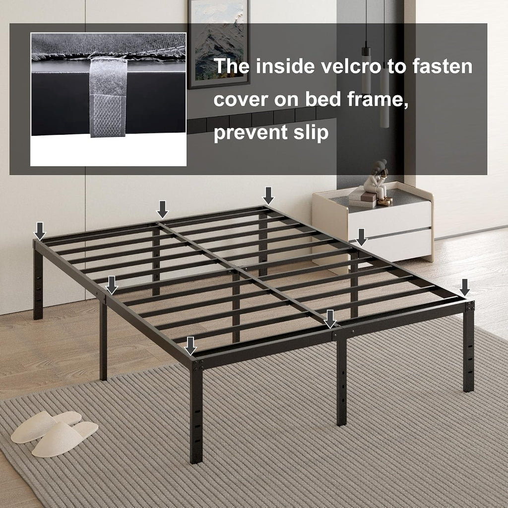 Cieemine 18 Inch Queen Bed Frame with Black Bed Cover, Metal Bed Frames Queen Size No Box Spring Needed, Heavy Duty Mattress Foundation, Easy Assembly, Noise Free