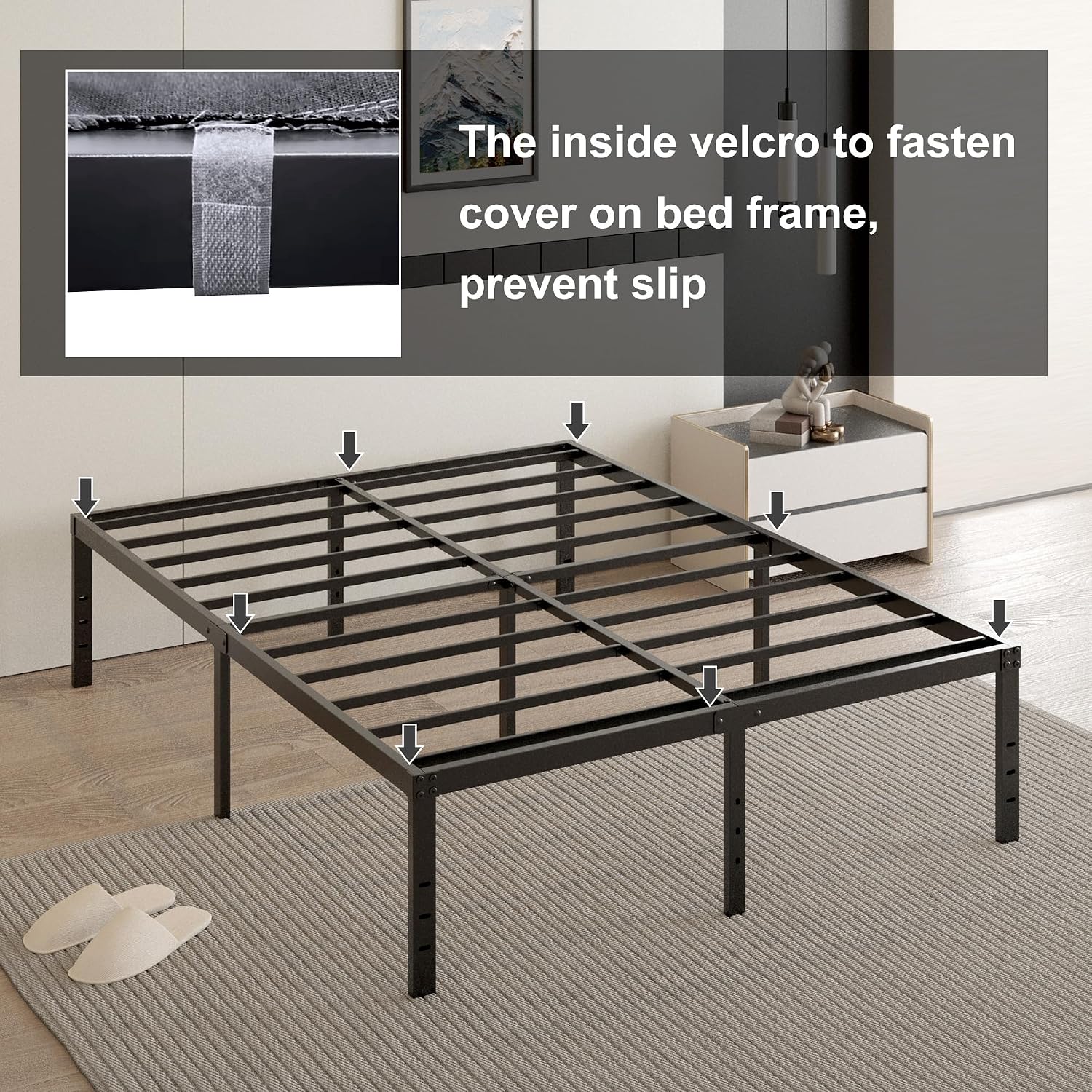 Cieemine 18 Inch Queen Bed Frame with Black Bed Cover, Metal Bed Frames Queen Size No Box Spring Needed, Heavy Duty Mattress Foundation, Easy Assembly, Noise Free