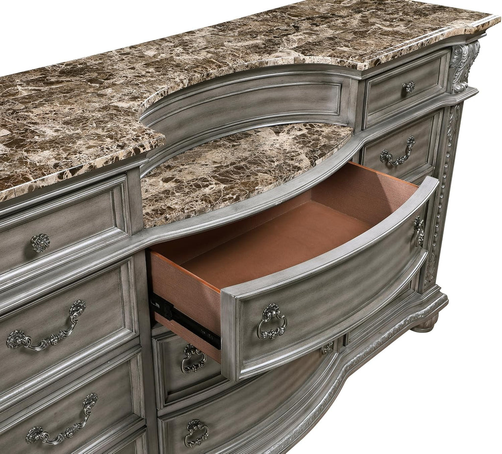 Formal 4-Pieces King Size Bed Set Gray Finish Carving Wood Luxury Traditional Bedroom Furniture