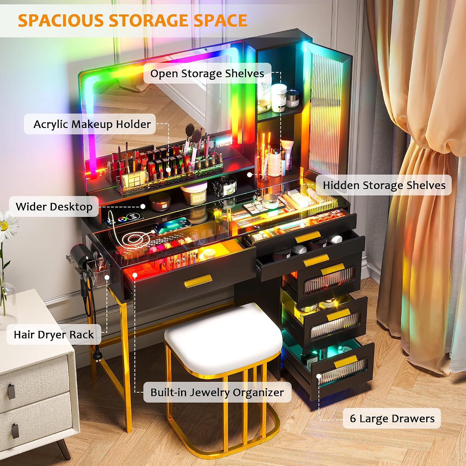 WOOVIVS Vanity with LED Mirror, Makeup Desk with 24 RGB Atuo Lighted Drawers for Bedroom, Glass Top Vanities Table Set with Wireless Charging Station, Chair,Jewelry Organizer for Girls/Women (Black)