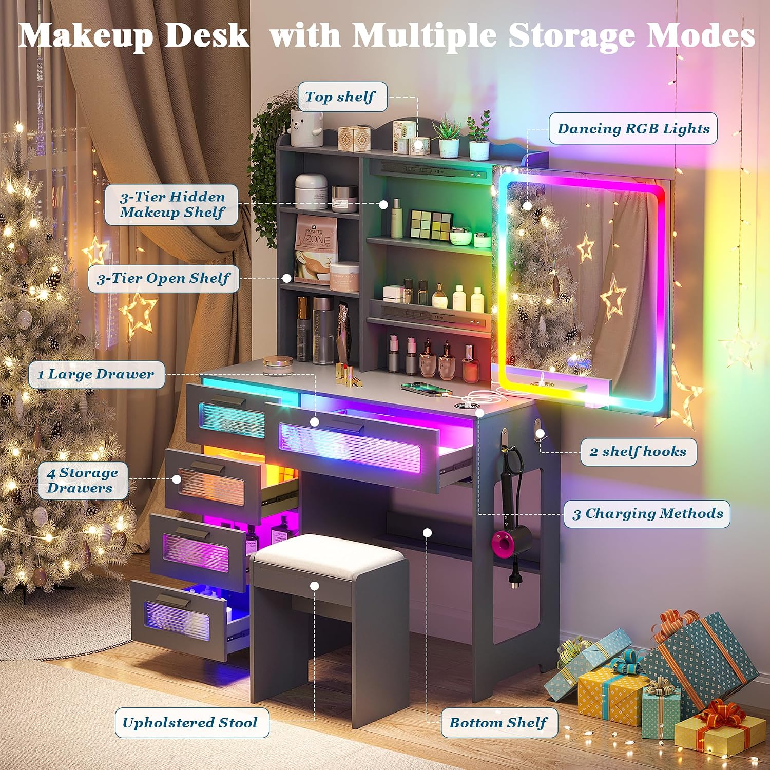 WOOVIVS Vanity with LED Mirror, 6 Drawer Dresser with Charging Station for Bedroom, Small Makeup Vanitys Table with RGB Light, Vanity Set with Chair,Jewelry Organizer for Girls-Grey
