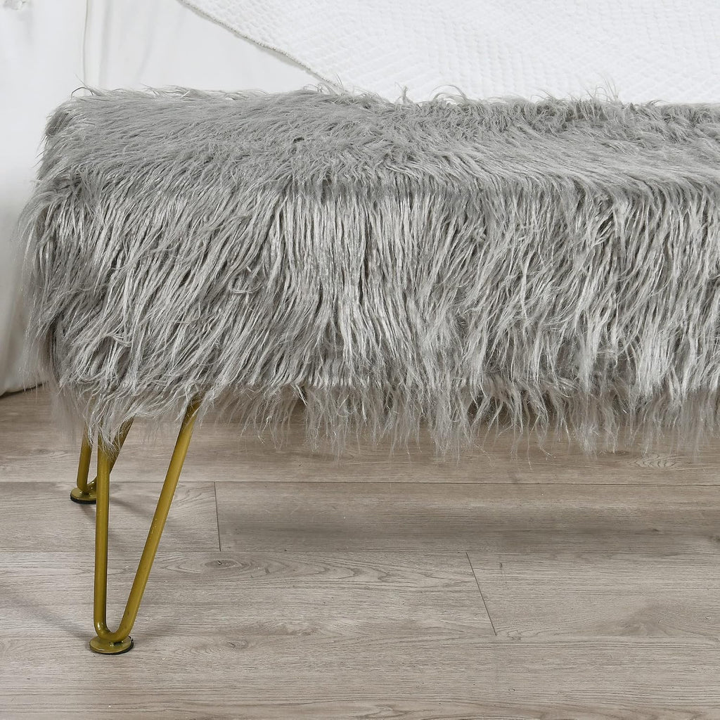 Gray Soft Plush Faux Fur Ottoman Entryway Bench Furry Footrest Stool 46'x16'x17' Sturdy Accent Long Bench for Bedroom End of Bed Closet Vanity Fuzzy Coffee Table Living Room Ottoman Gold Legs
