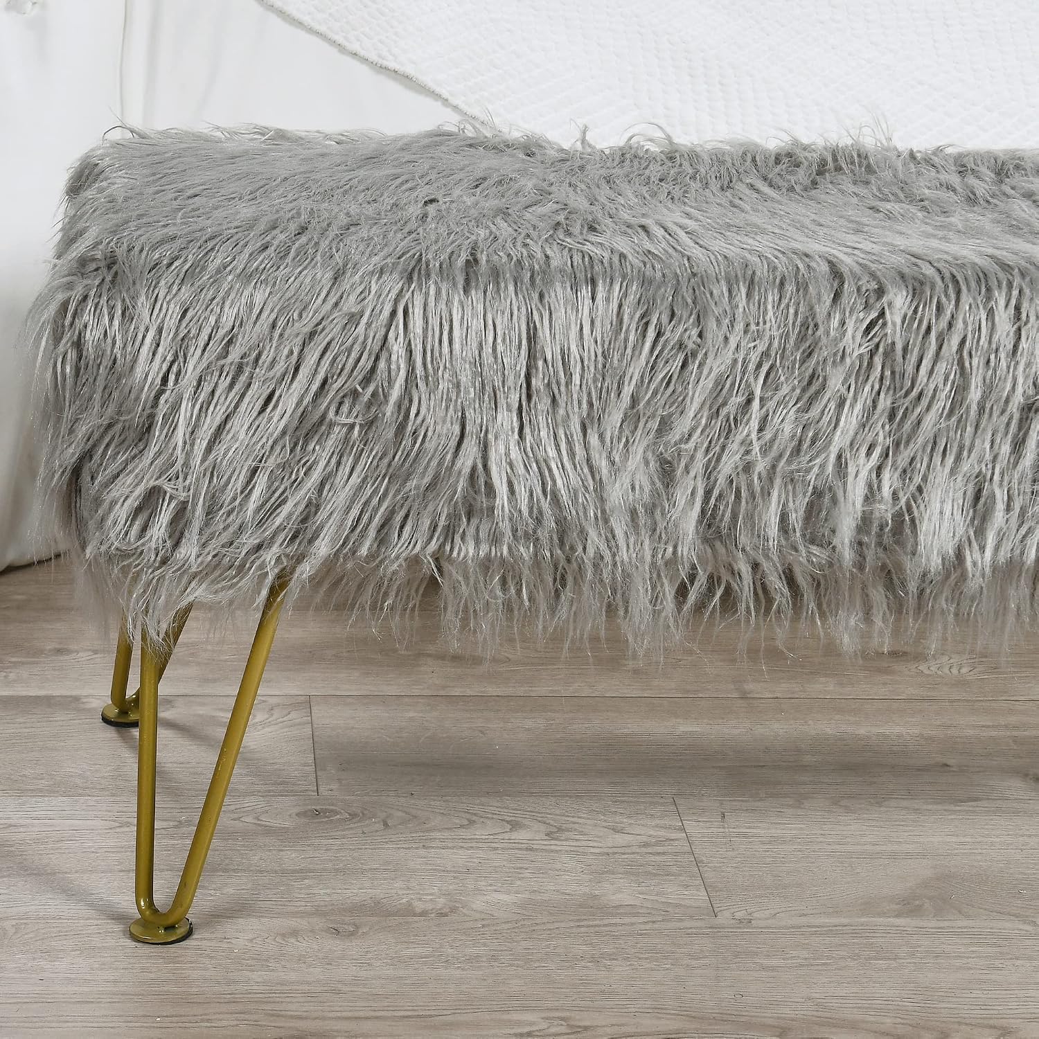 Gray Soft Plush Faux Fur Ottoman Entryway Bench Furry Footrest Stool 46'x16'x17' Sturdy Accent Long Bench for Bedroom End of Bed Closet Vanity Fuzzy Coffee Table Living Room Ottoman Gold Legs