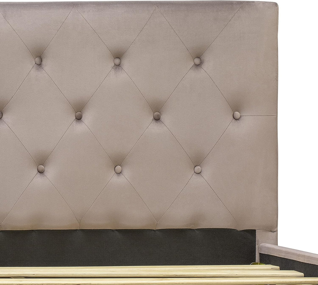 East West Furniture NL14K-2HA13 3 Piece Modern Bedroom Set - King Size Button Tufted Bed Frame - Brown Taupe Velvet Fabric Upholstered Headboard and a Burgundy Finish Nightstand