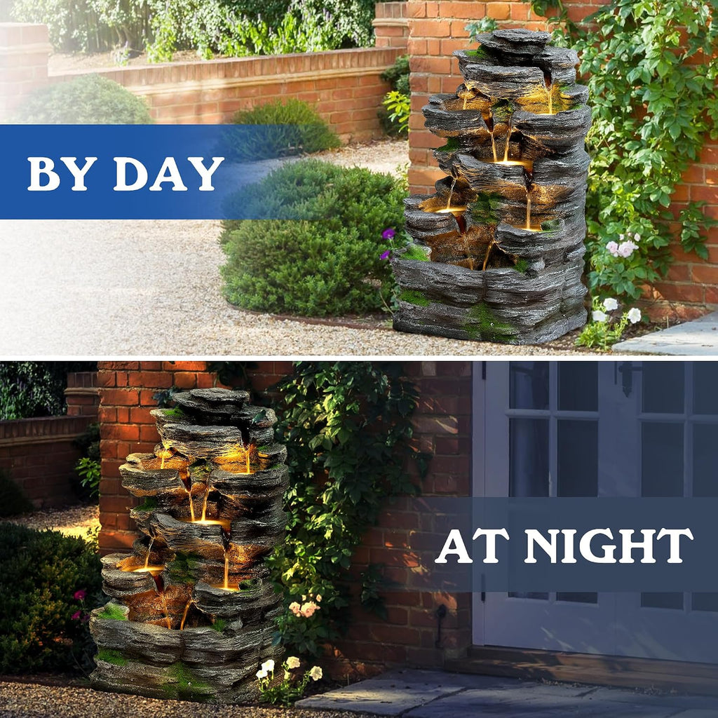 Cascading Rock Water Fountain Outdoor - Waterfalls Fountains with LED Lights, Outdoor/Indoor Resin Fountain for Patio, Garden, Backyard, Deck, Porch, Home Art Docor (24' H)