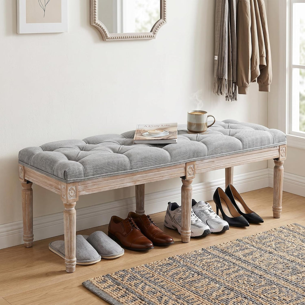 Farmhouse Dining Bench 45' Long Vintage Tufted Bench with Wood Legs Upholstered Entryway Bench Fabric End of Bed Bench for Bedroom Living Room Hallway, Grey