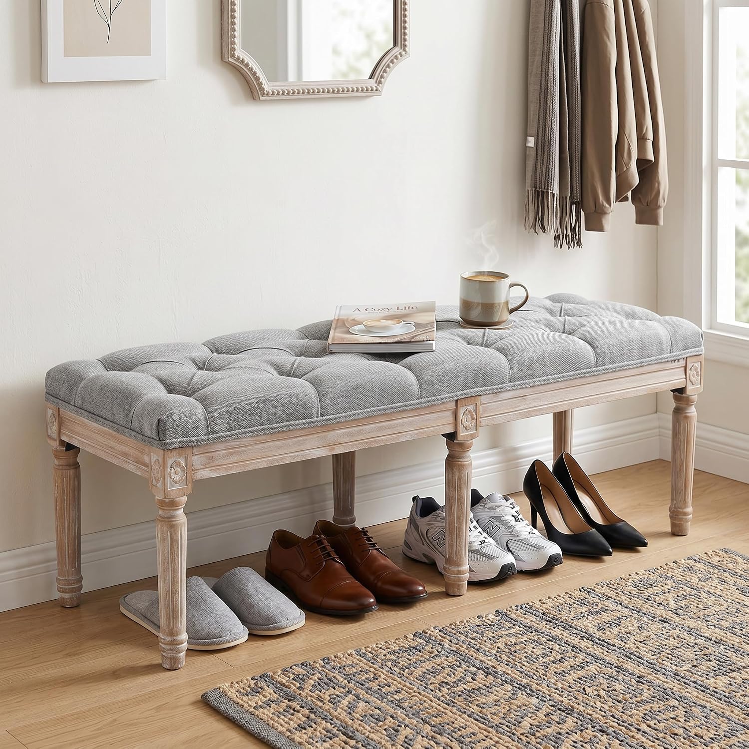 Farmhouse Dining Bench 45' Long Vintage Tufted Bench with Wood Legs Upholstered Entryway Bench Fabric End of Bed Bench for Bedroom Living Room Hallway, Grey