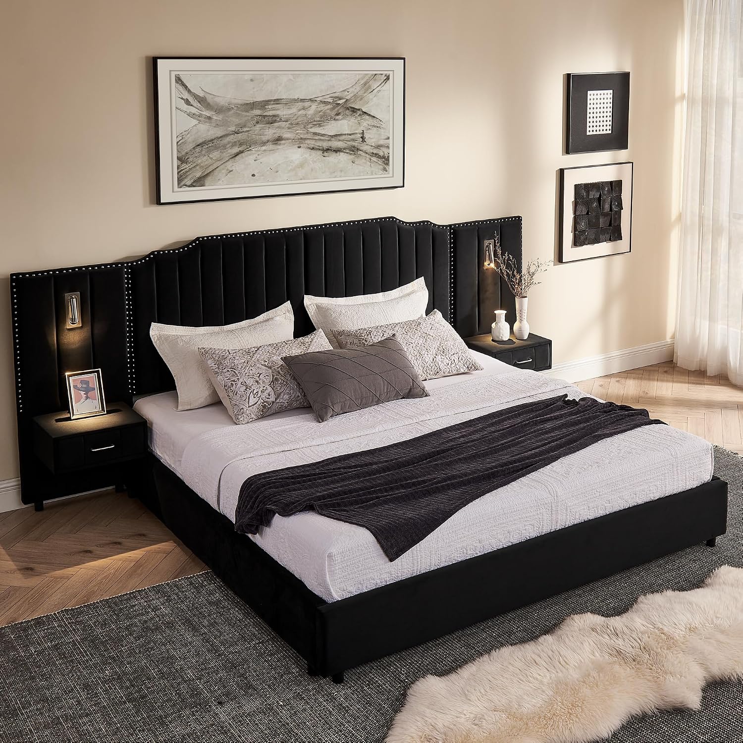 Velvet Upholstered King Size Platform Bed Frame with 48' Tall Headboard, Built-in Nightstands & Storage Drawers, No Box Spring Needed, Modern Black Bedroom Furniture Set (Black, King)